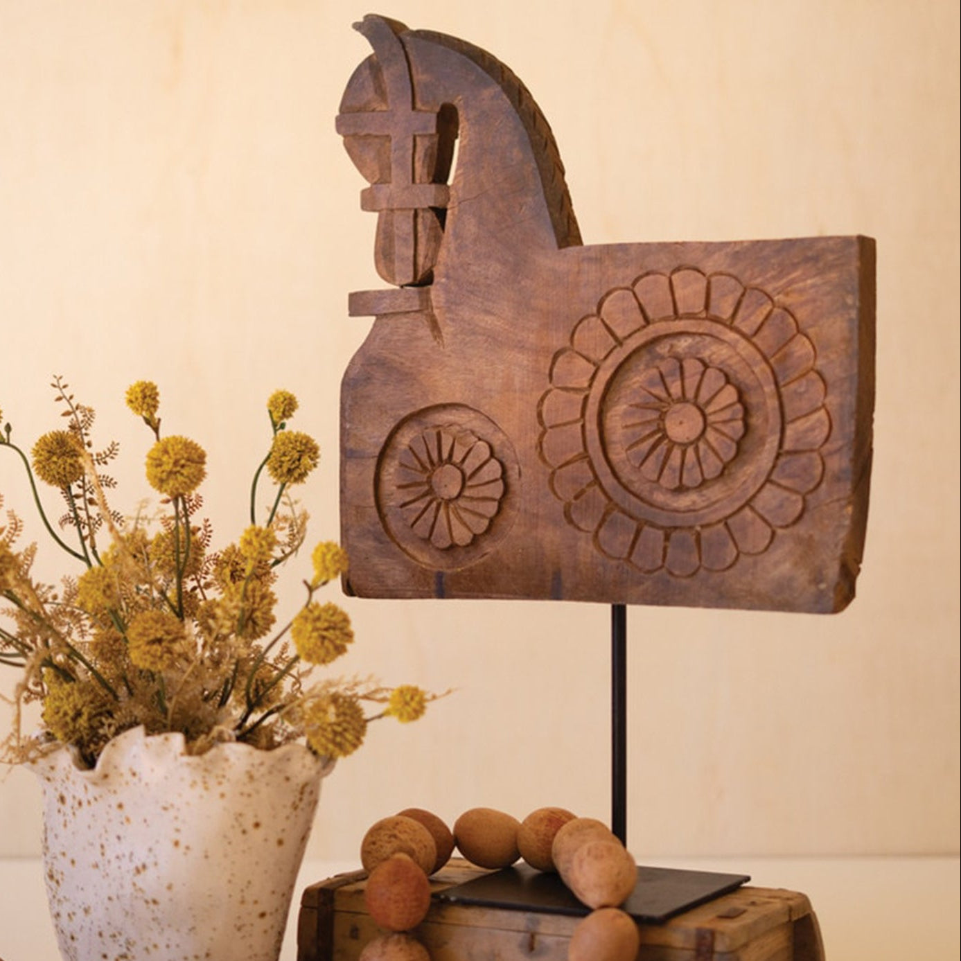 Repurposed Wooden Horse Sculpture on an Iron Base