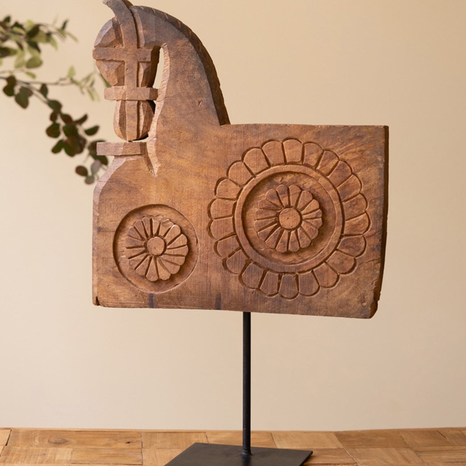 Repurposed Wooden Horse Sculpture on an Iron Base