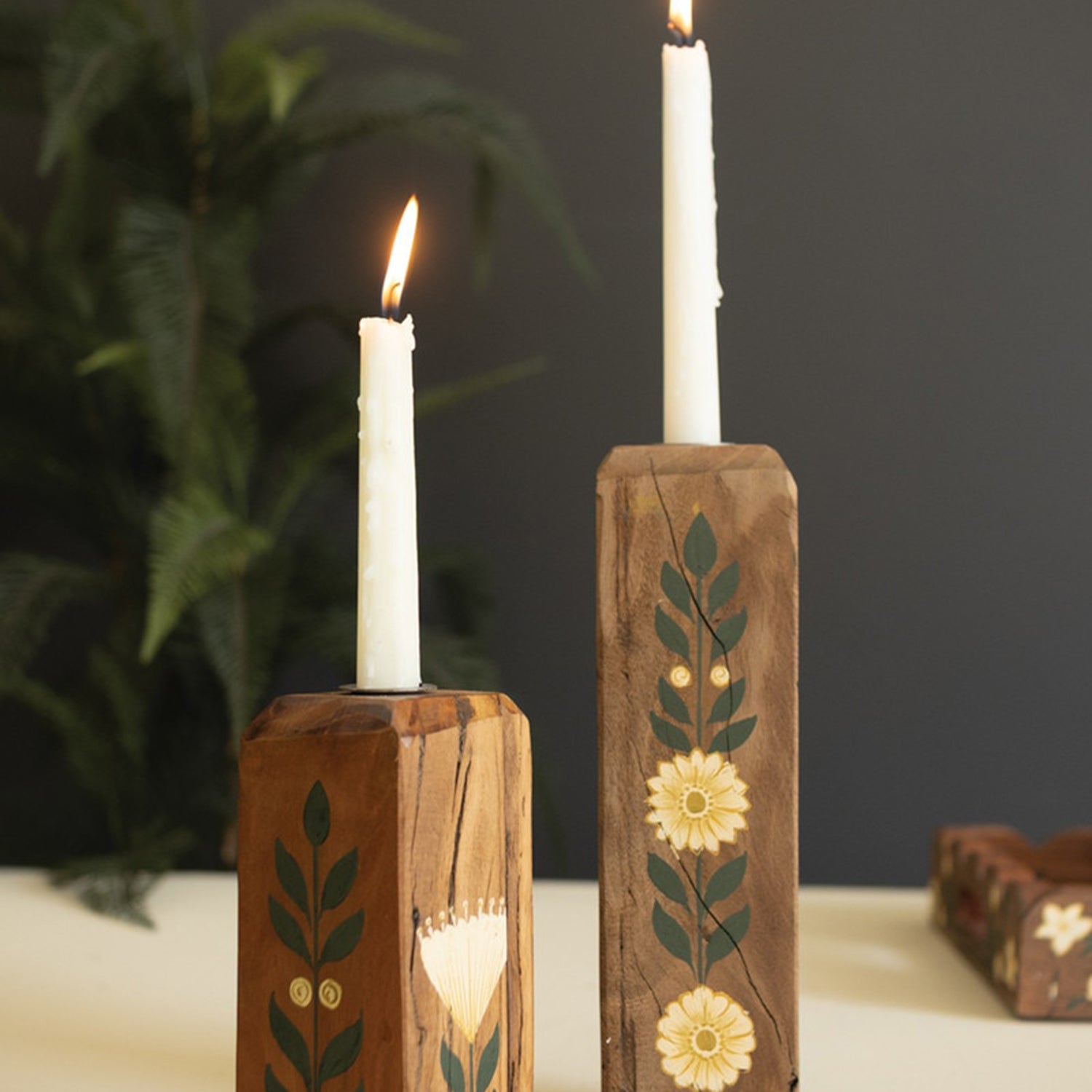 Recycled Wood Taper Candle Holders W Painting Set of 2