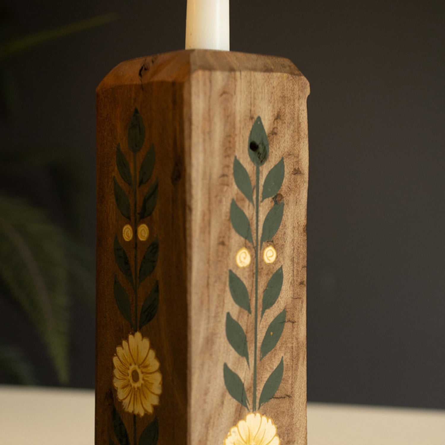 Recycled Wood Taper Candle Holders W Painting Set of 2