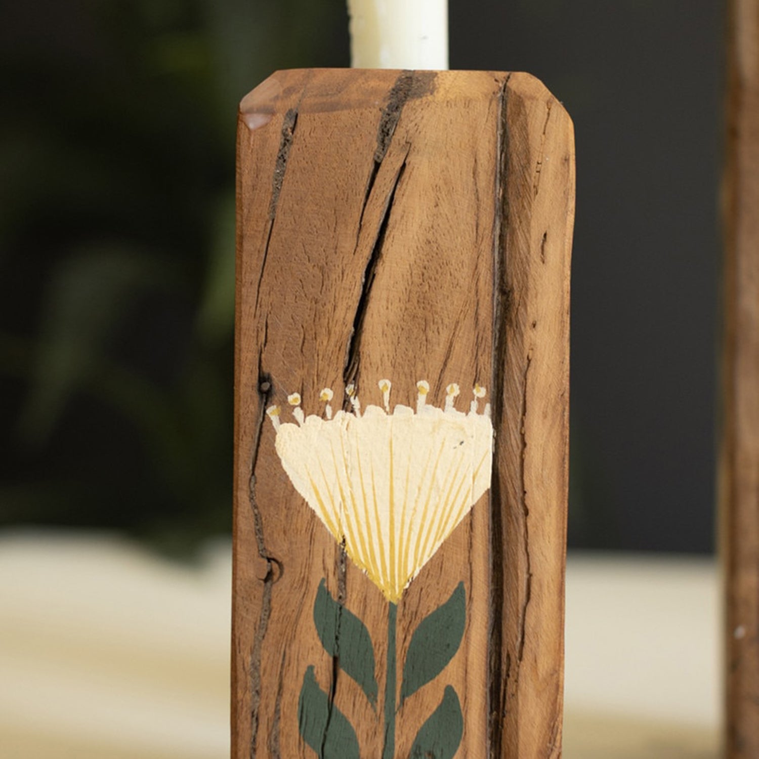 Recycled Wood Taper Candle Holders W Painting Set of 2