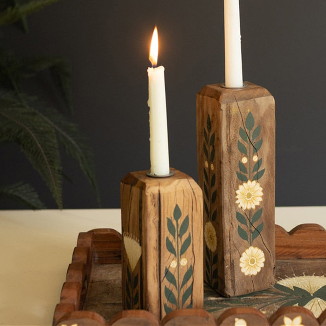 Recycled Wood Taper Candle Holders W Painting Set of 2