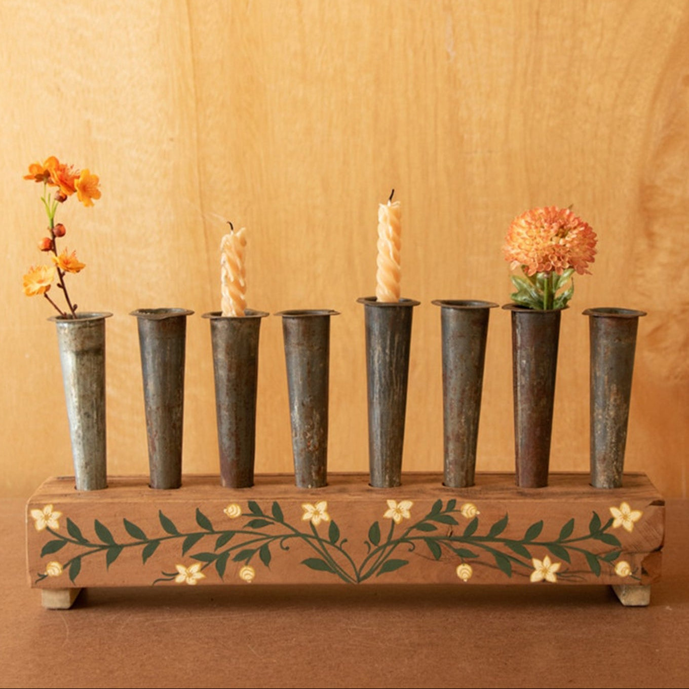 Eight Metal Bud Vase with Painted Wooden Base