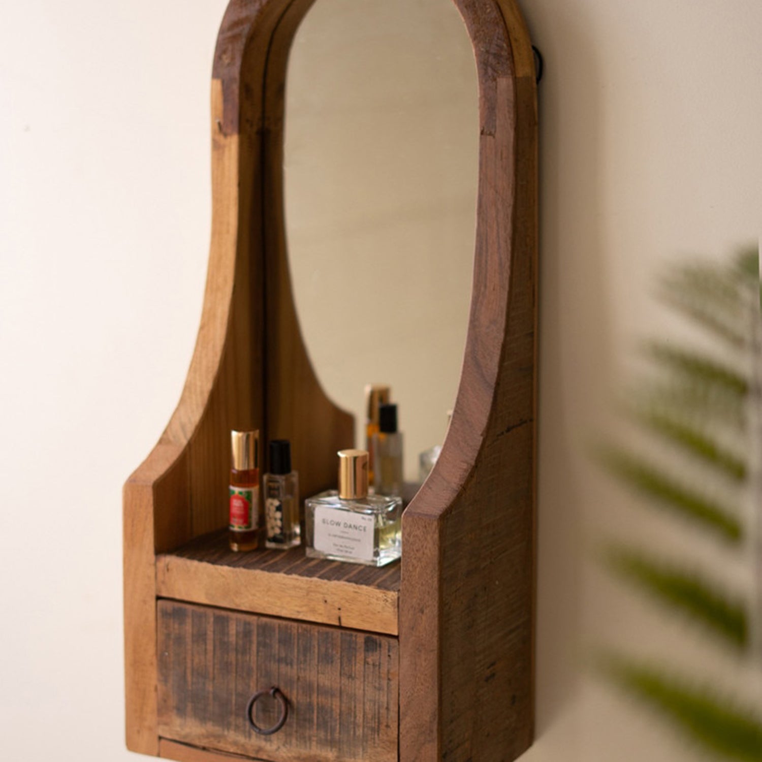 Arched Wood Framed Mirror with Drawer