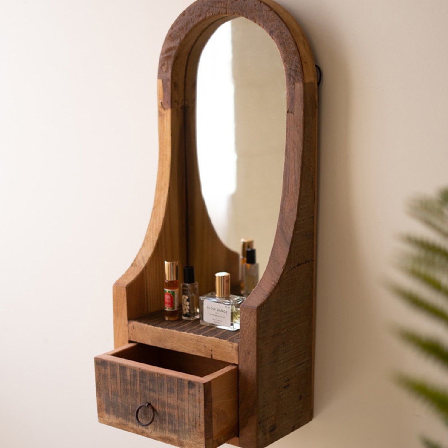 Arched Wood Framed Mirror with Drawer