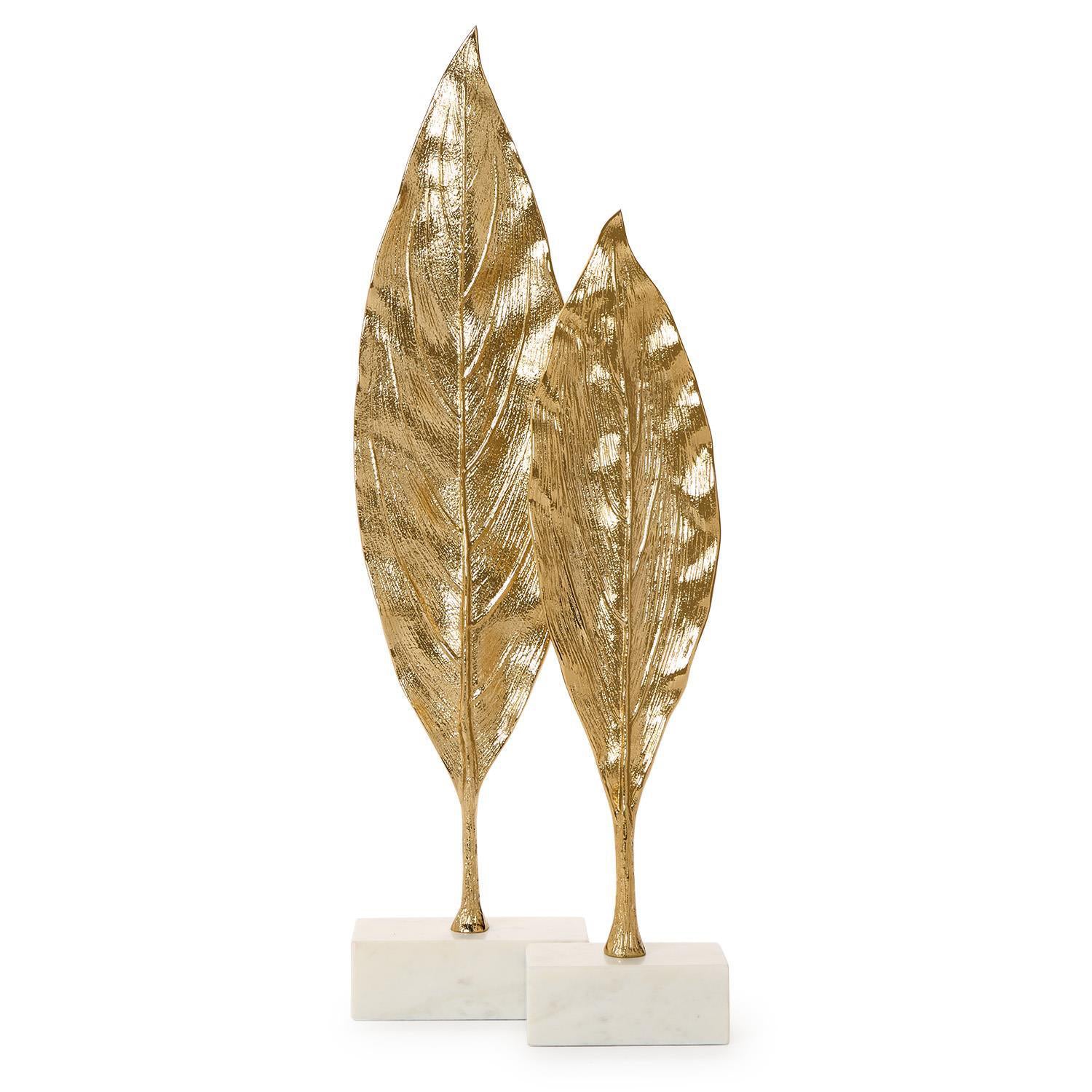 Golden Leaf Sculpture on Marble Base Set of 2