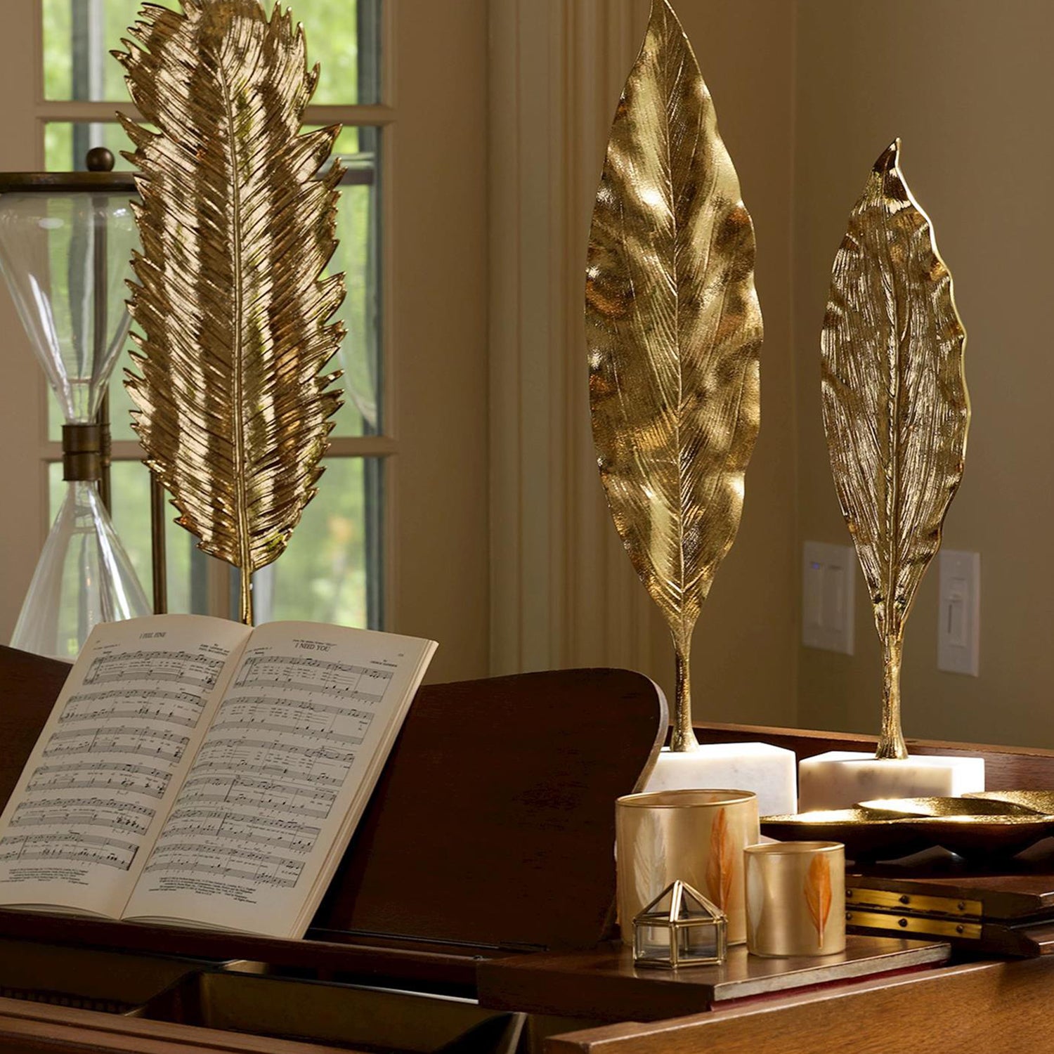 Golden Leaf Sculpture on Marble Base Set of 2