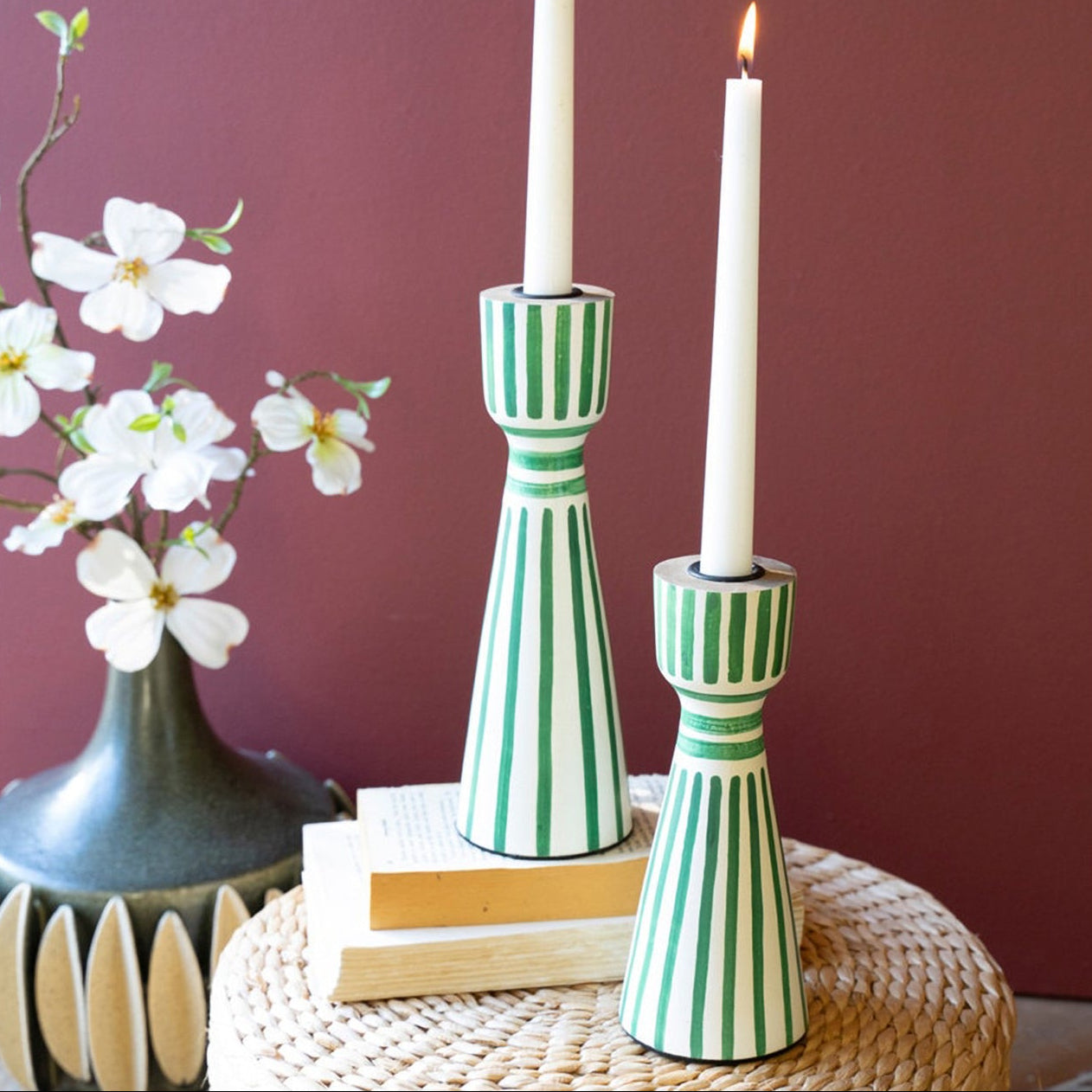 Hand-Painted Wooden Taper Candle Holder Set of 2