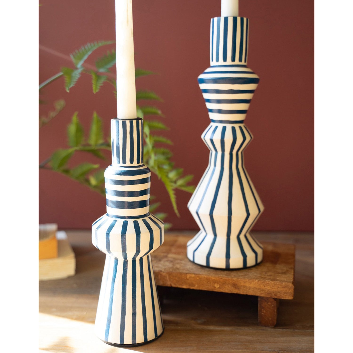 Hand-Painted Wooden Taper Candle Holder Set of 2