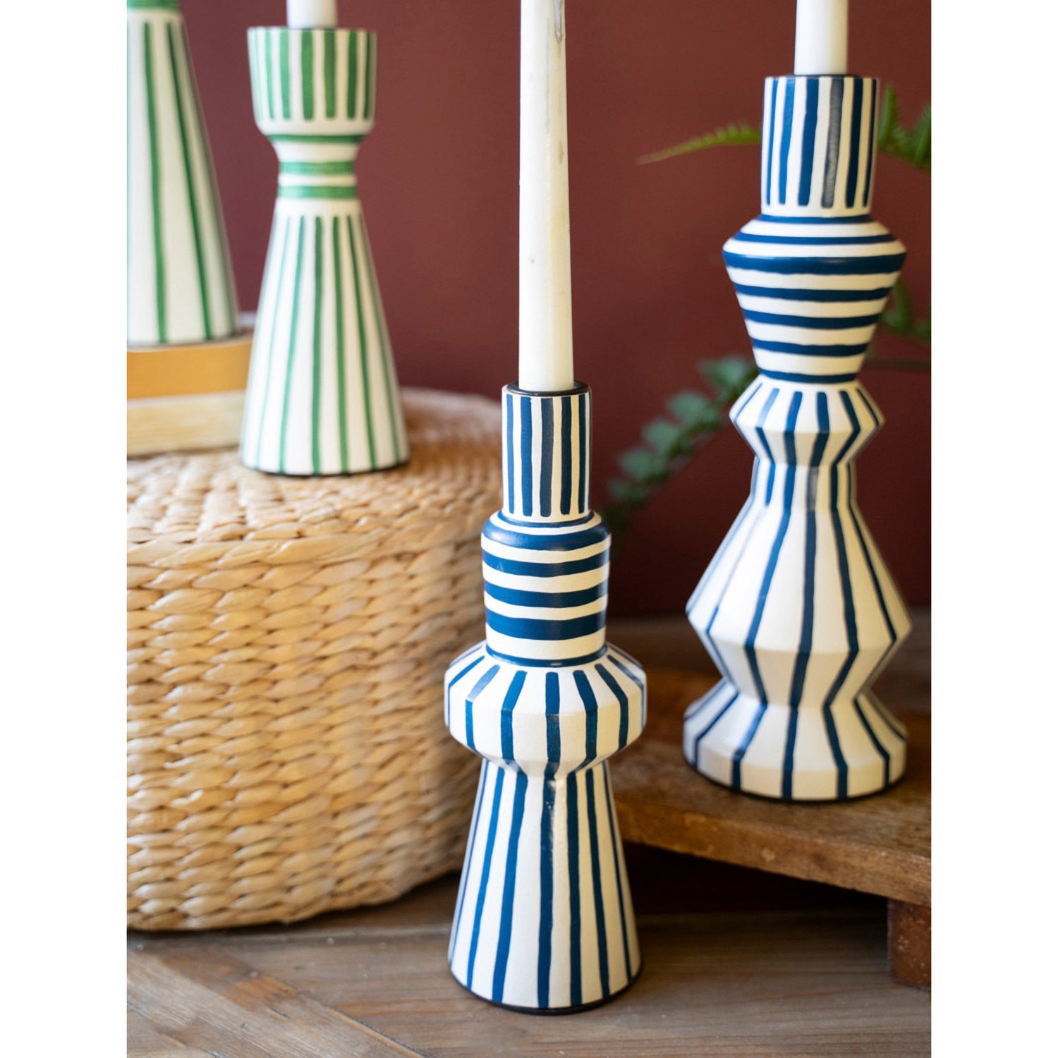 Hand-Painted Wooden Taper Candle Holder Set of 2