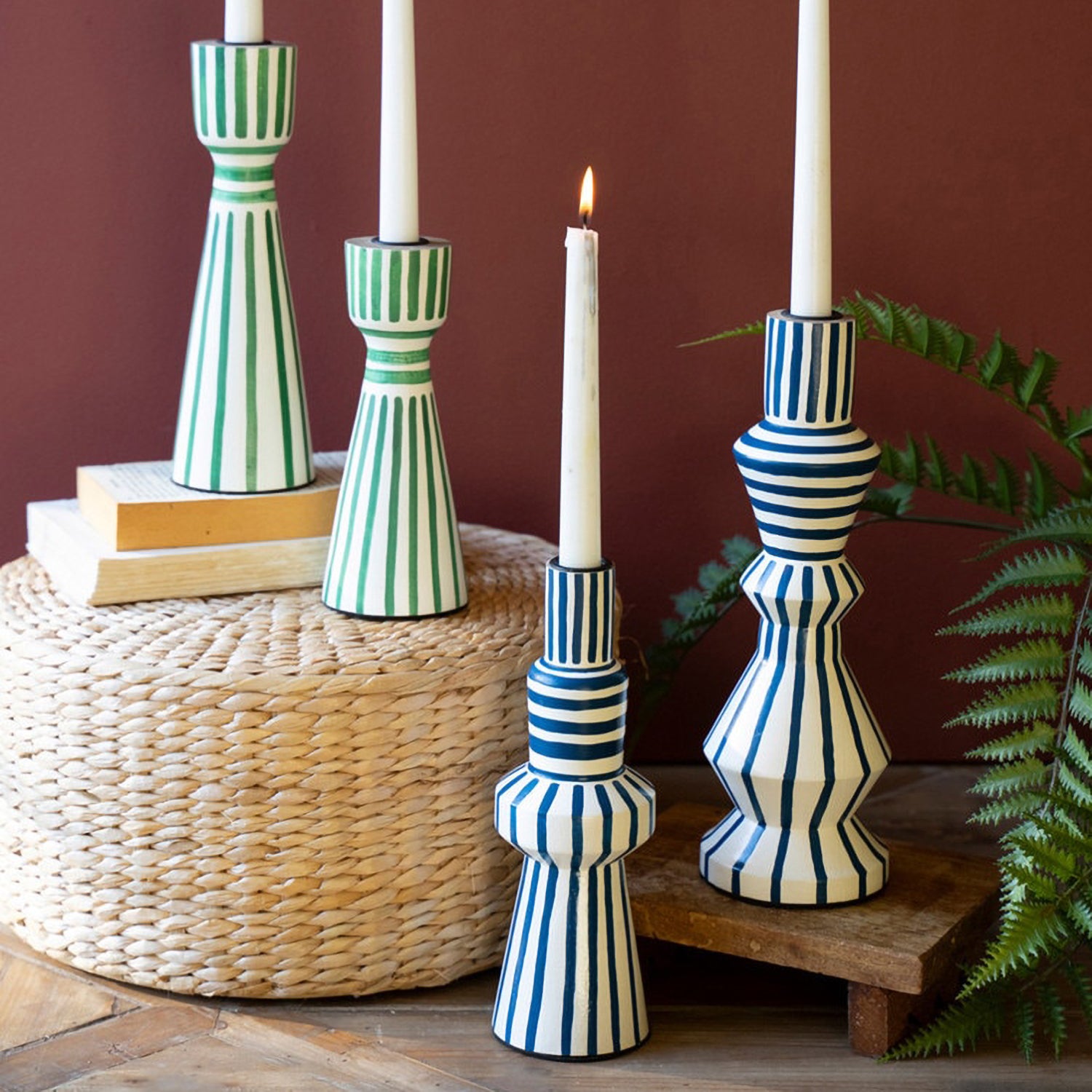 Hand-Painted Wooden Taper Candle Holder Set of 2