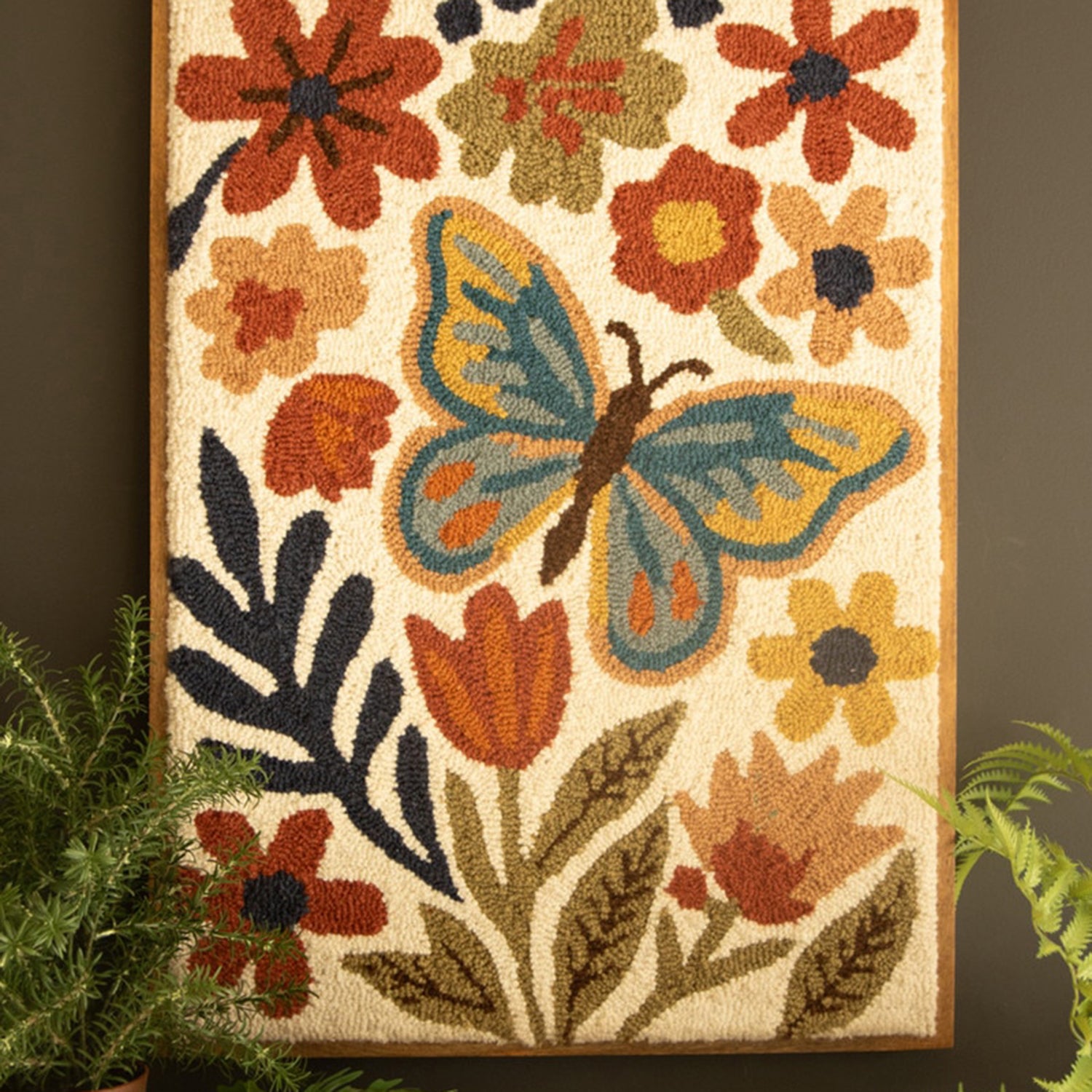 Flowers & Butterfly Wood Framed Hand-Hooked Art