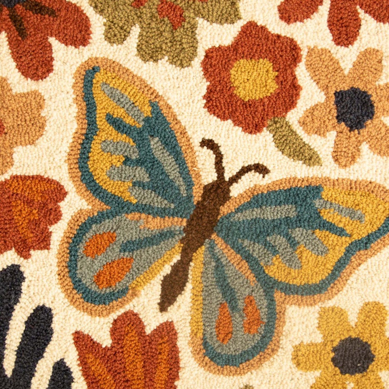 Flowers & Butterfly Wood Framed Hand-Hooked Art