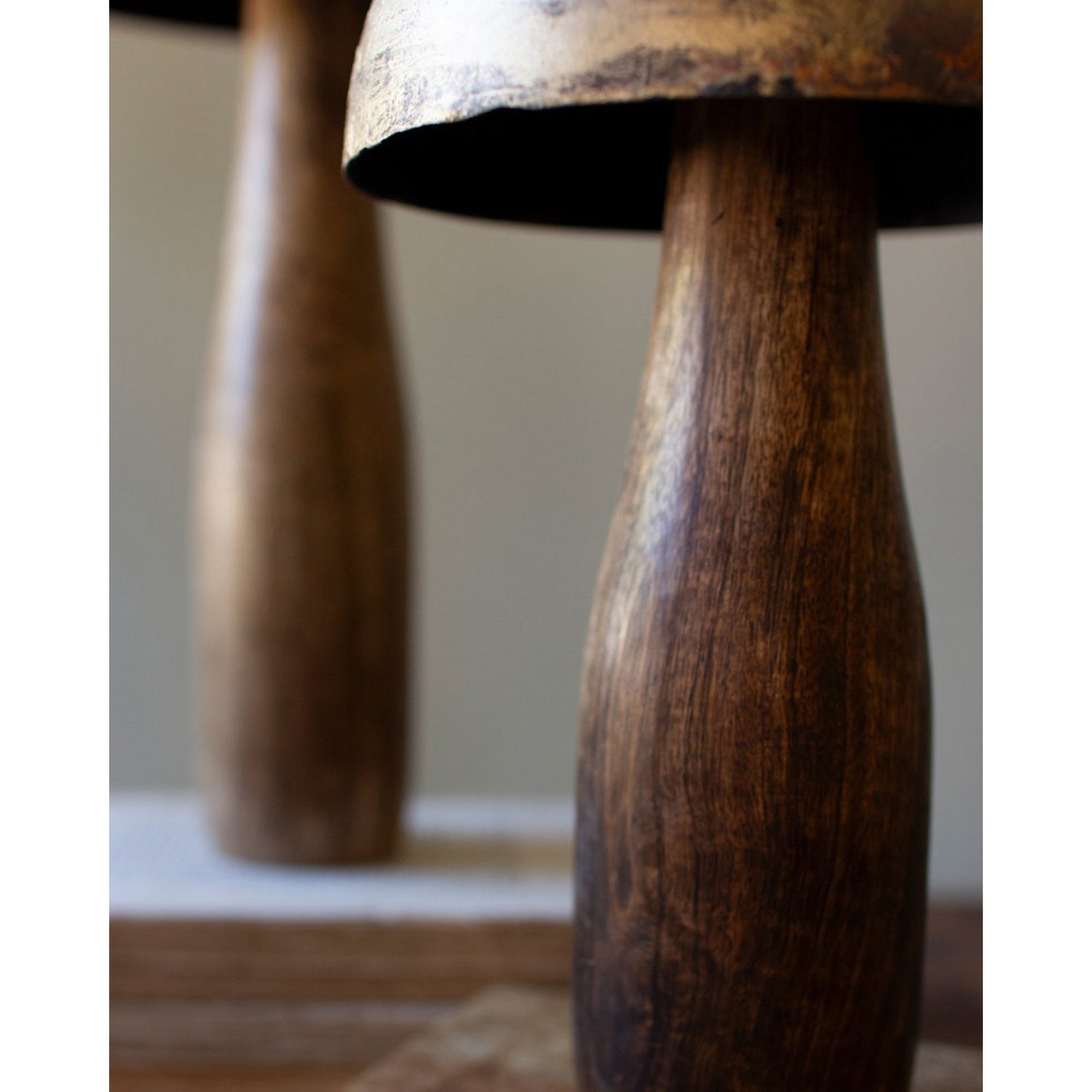 Antique Brass Mushrooms with Wooden Base Set of 3