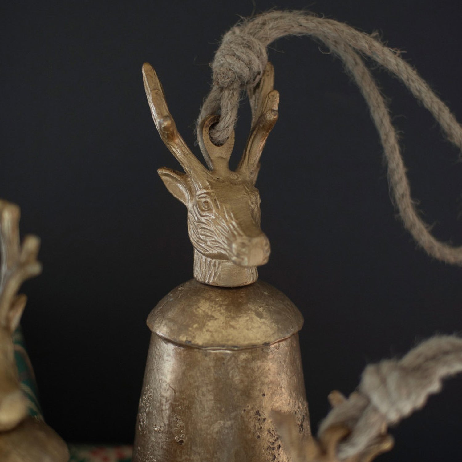Antique Gold Metal Christmas Bells with Deer Finial Set of 3