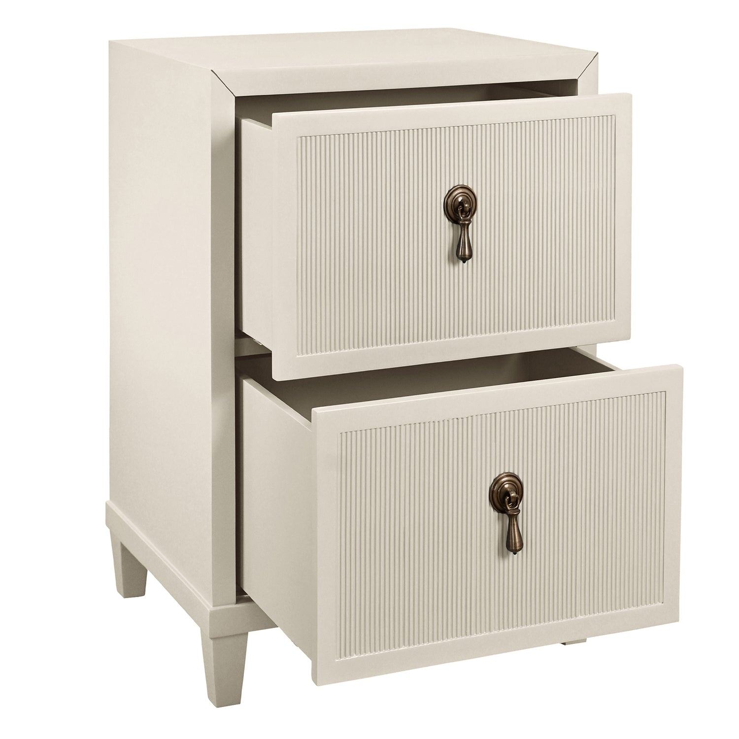 Worlds Away Novalie antique white side table, detail of fluted drawer front texture