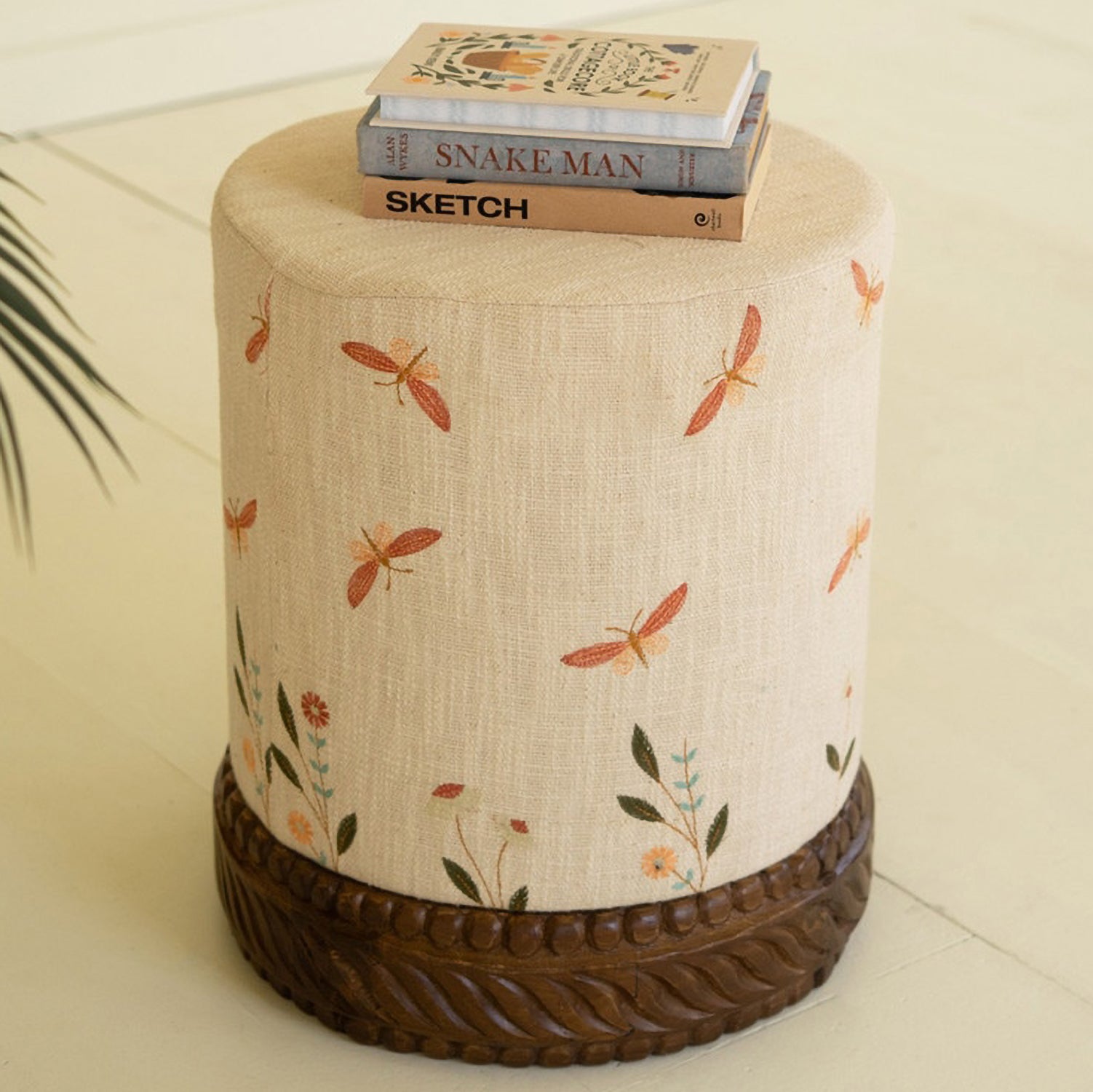 Upholstered Cream Ottoman with Embroidered Detail