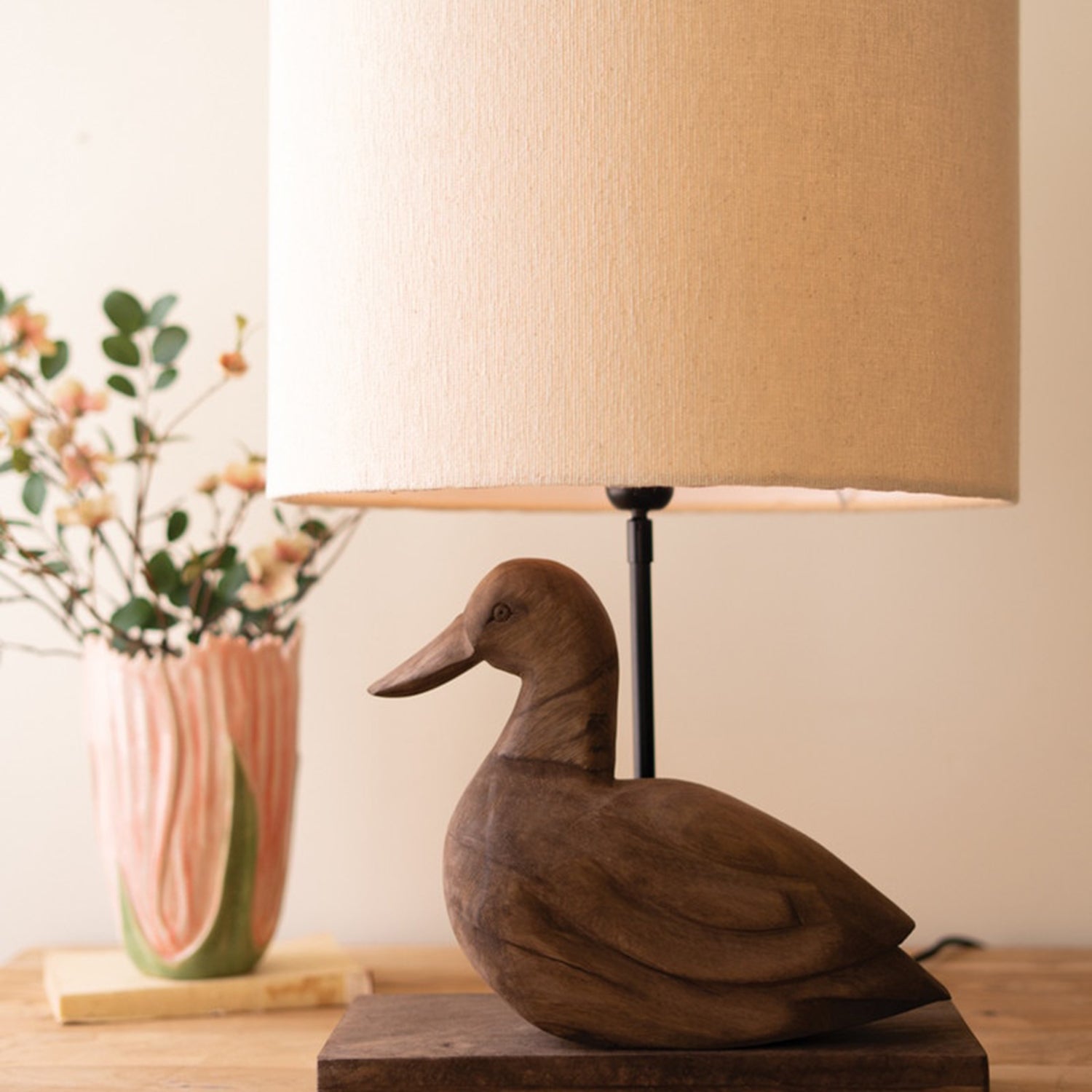 Carved Mango Wood Duck Table Lamp Base and Shade