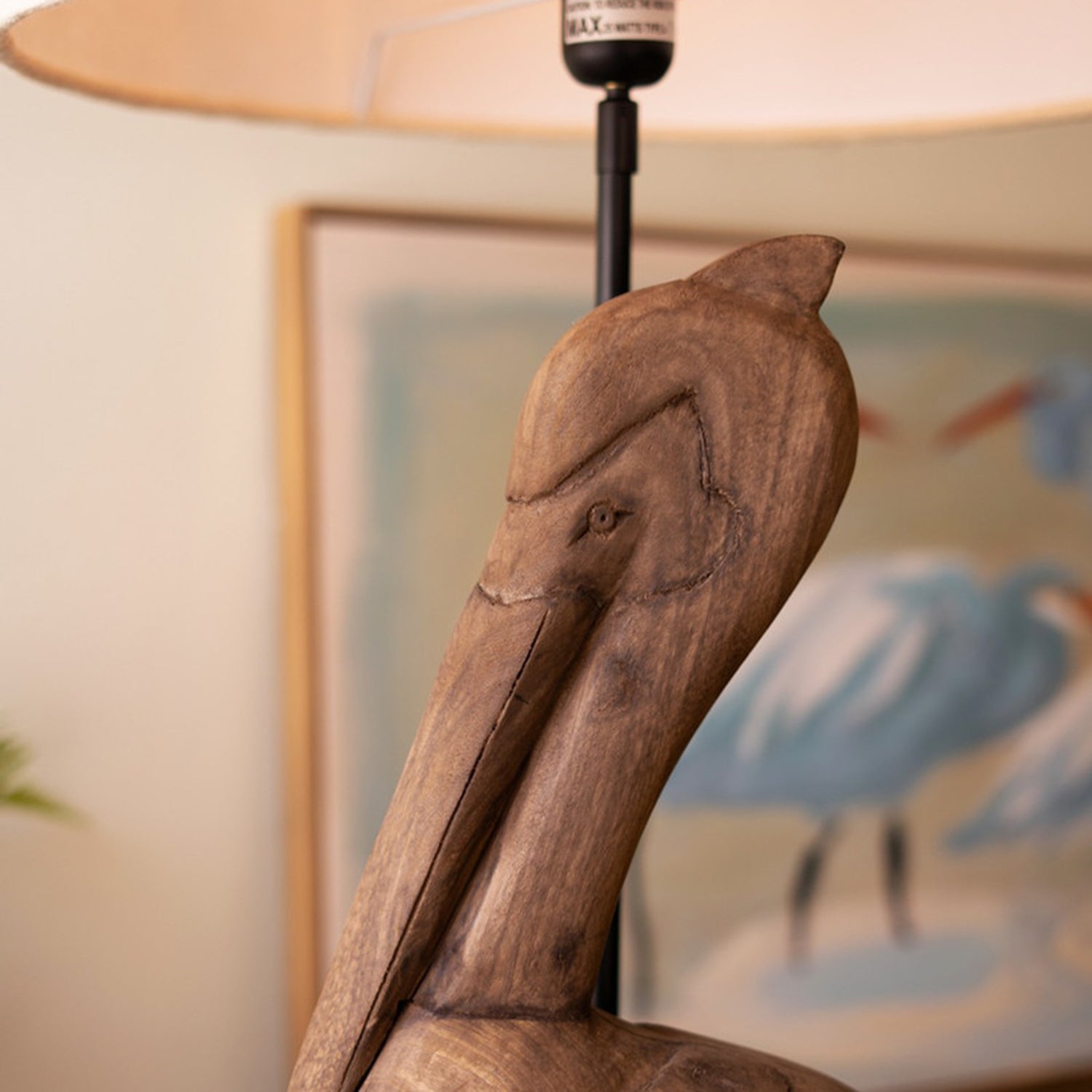 Carved Mango Wood Pelican Table Lamp Base with Shade