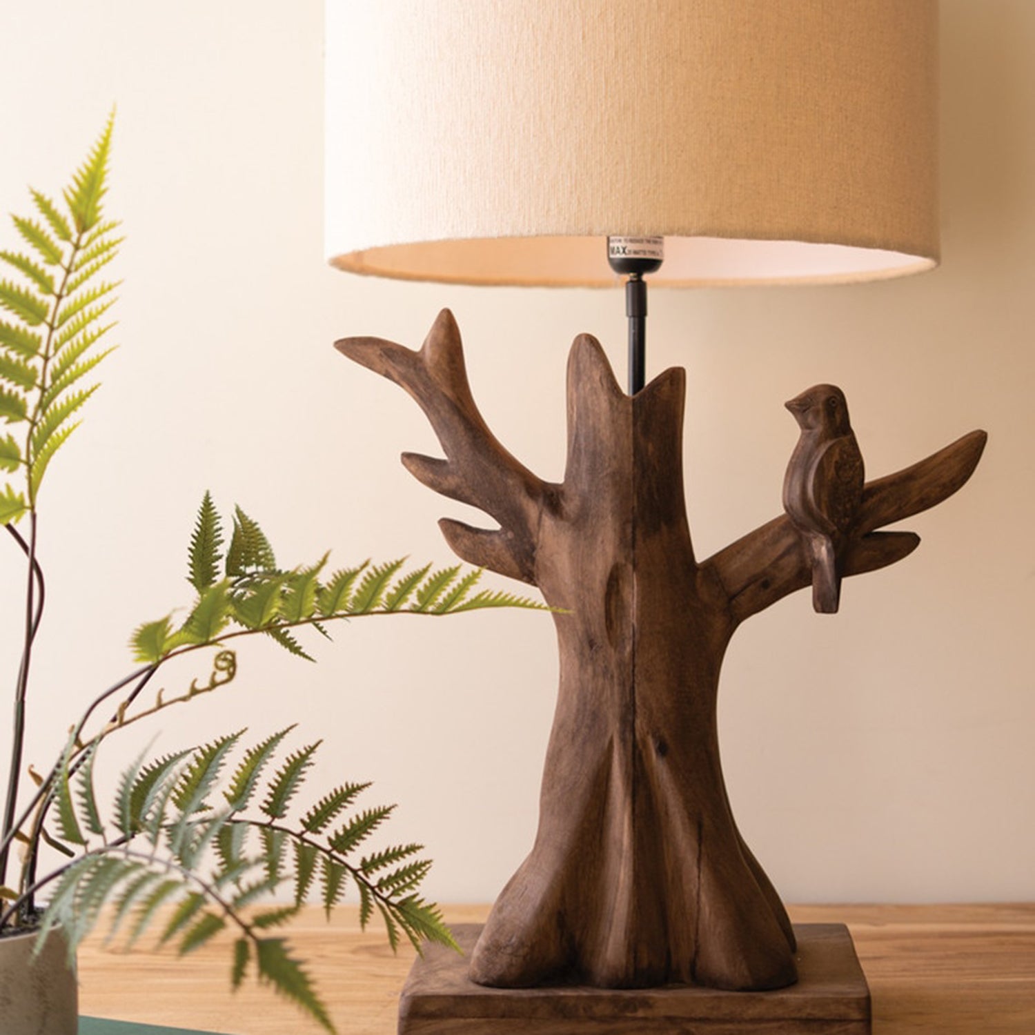 Carved Mango Wood Tree with Bird Lamp Base with Shade