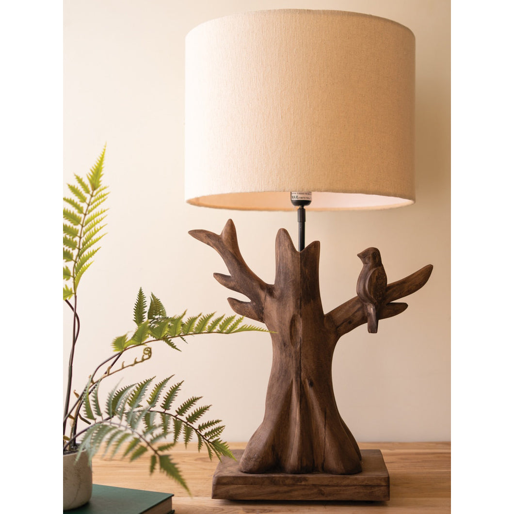 Carved Mango Wood Tree with Bird Lamp Base with Shade