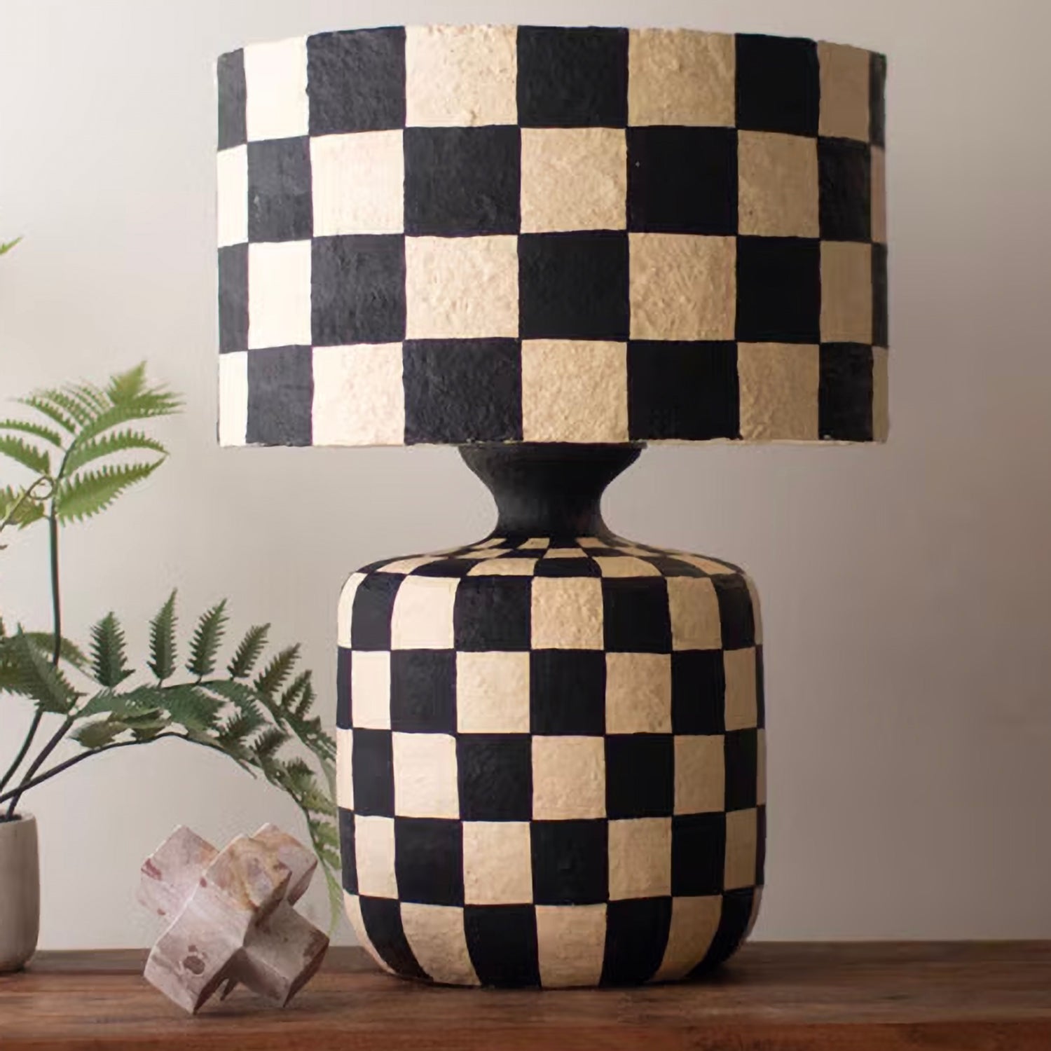 Black and White Checkered Paper Mache Table Lamp