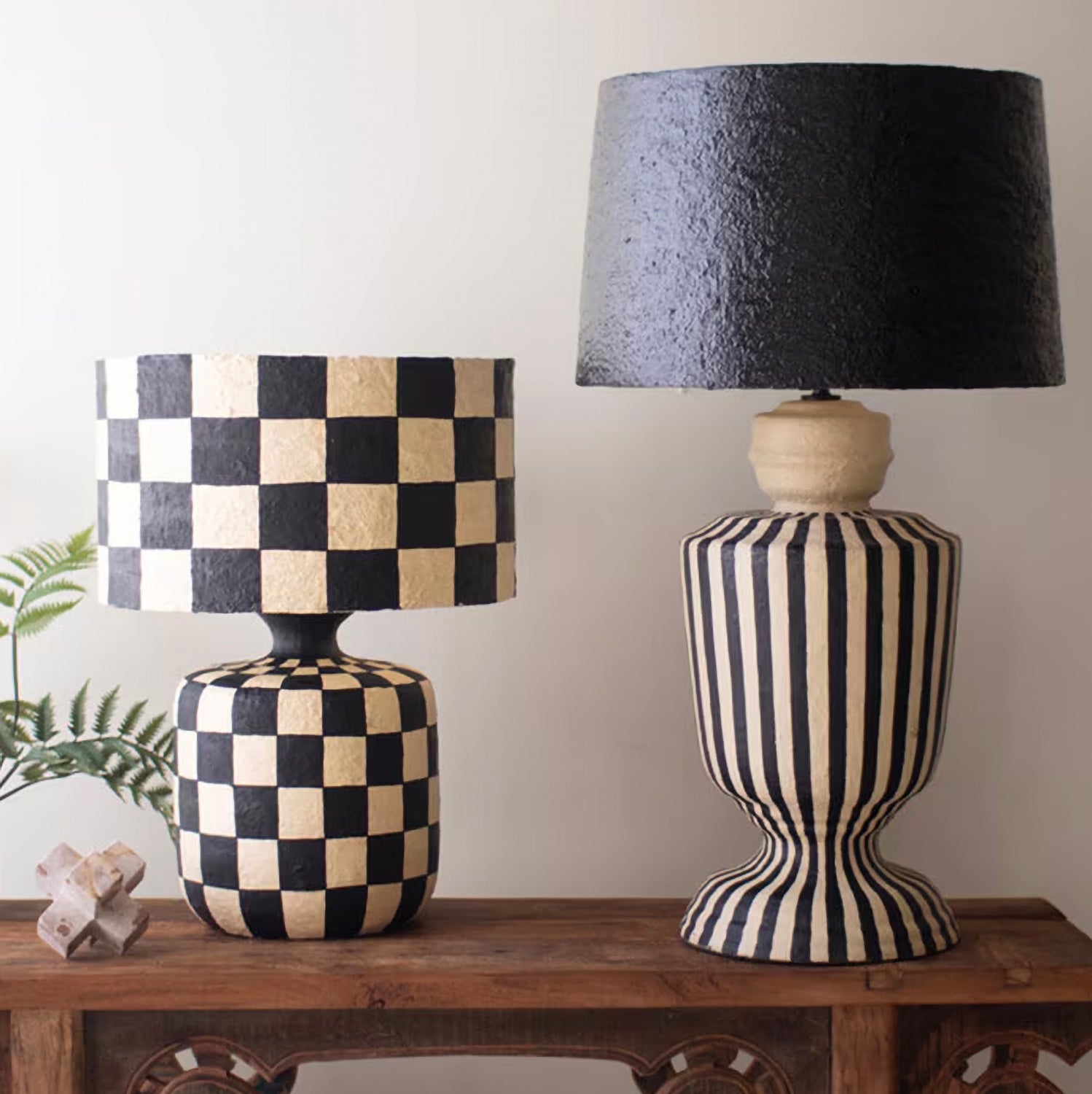 Black and White Checkered Paper Mache Table Lamp