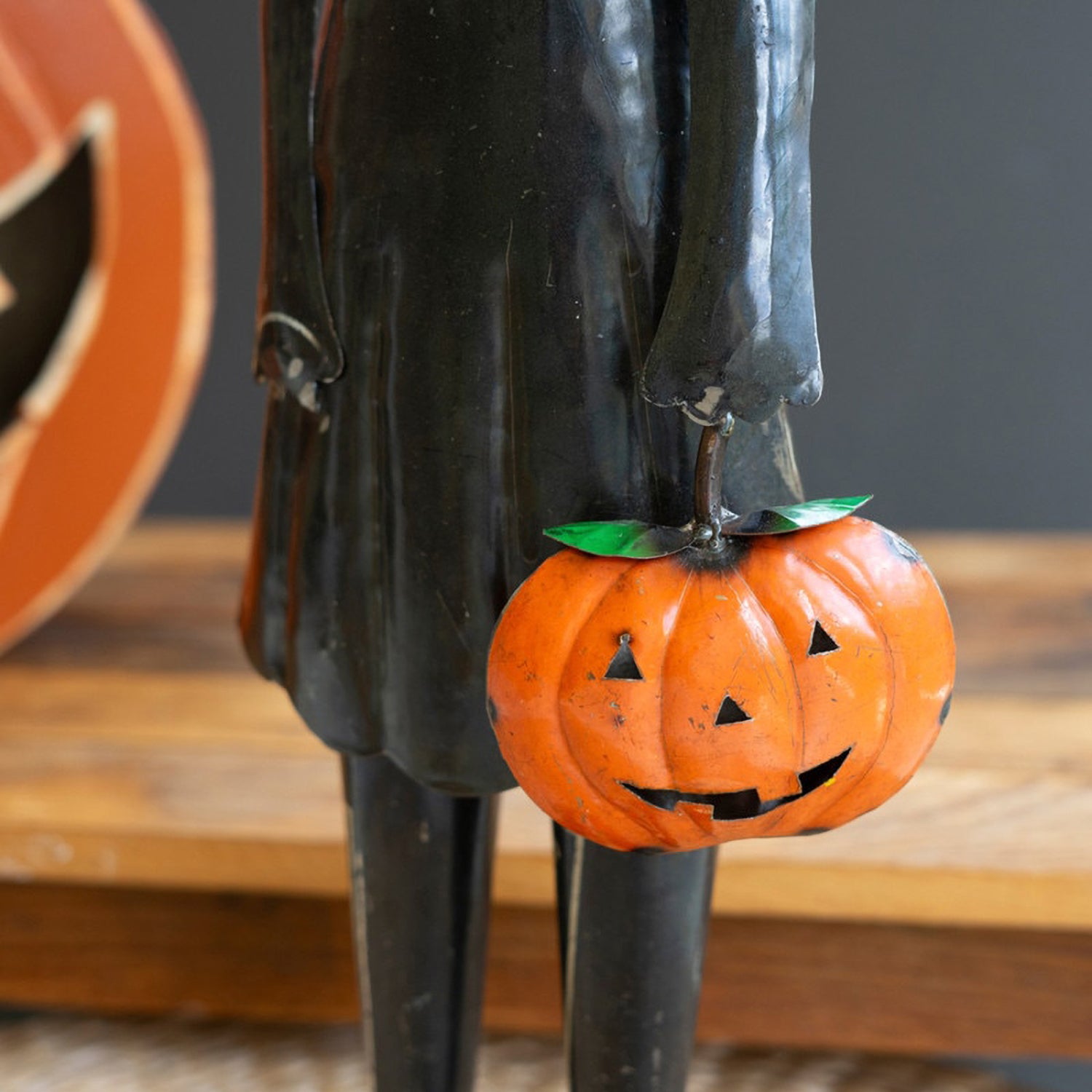 Recycled Iron Standing Black Halloween Cat Holding Pumpkin