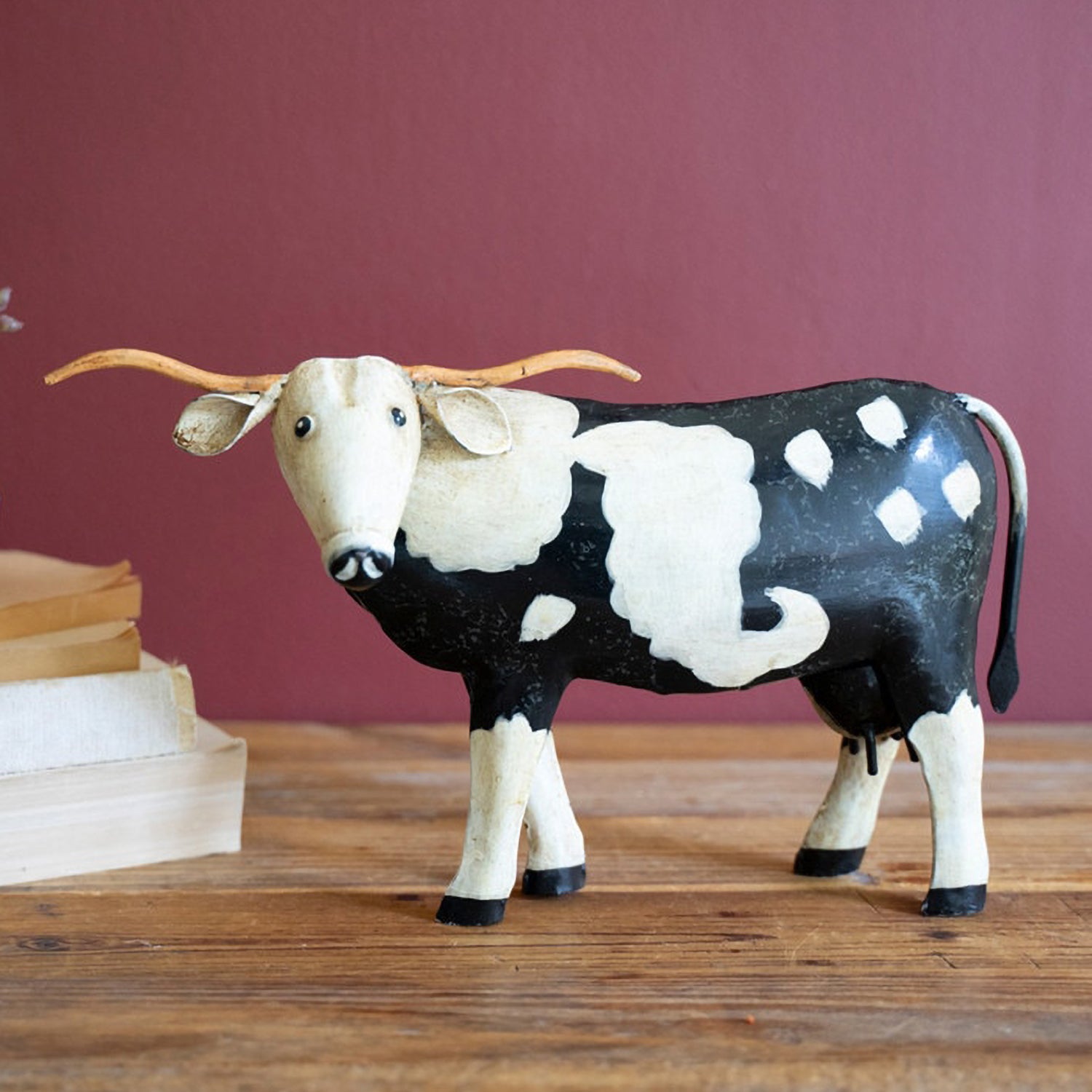 Painted Metal Black and White Steer