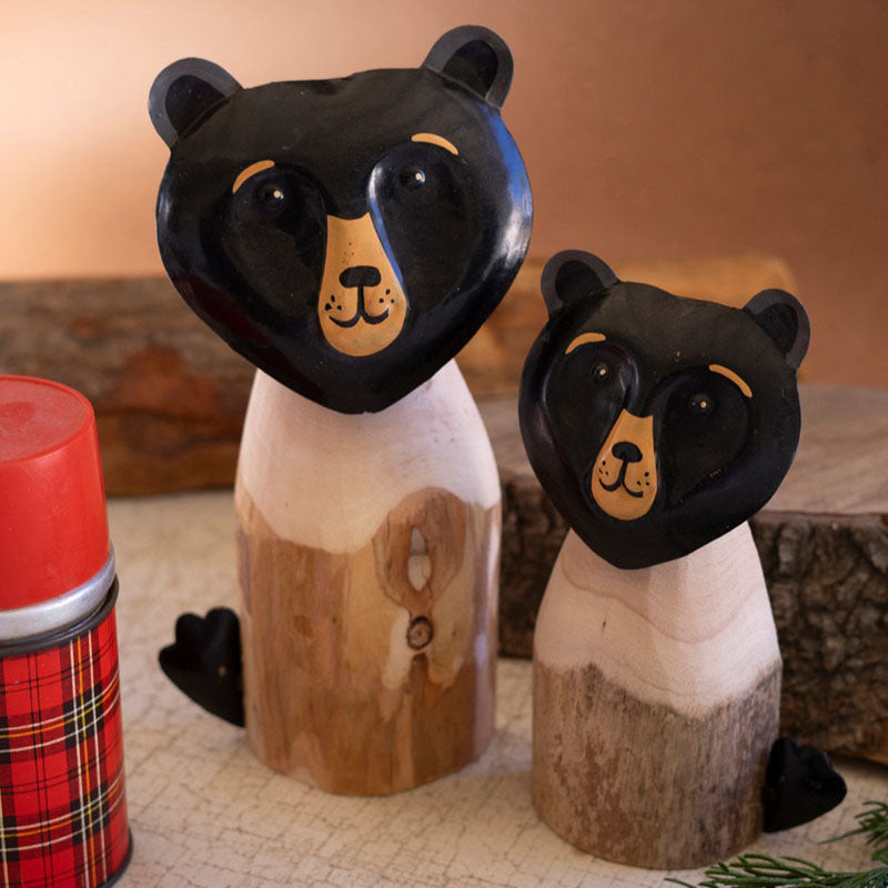 Recycled Wood and Iron Black Bears Sculpture Set of 2
