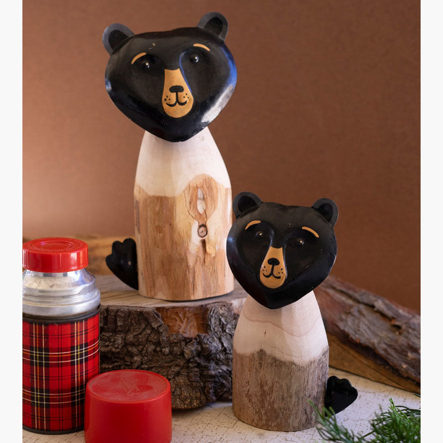 Recycled Wood and Iron Black Bears Sculpture Set of 2