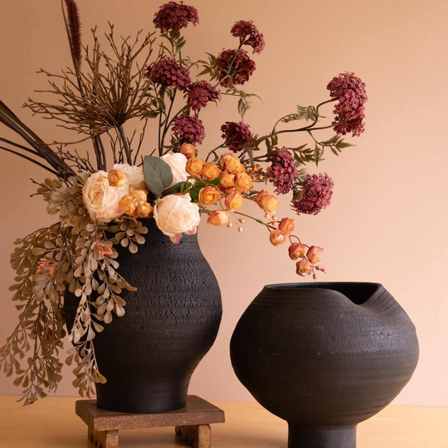 Black Clay Vases with Crackle Set of 2