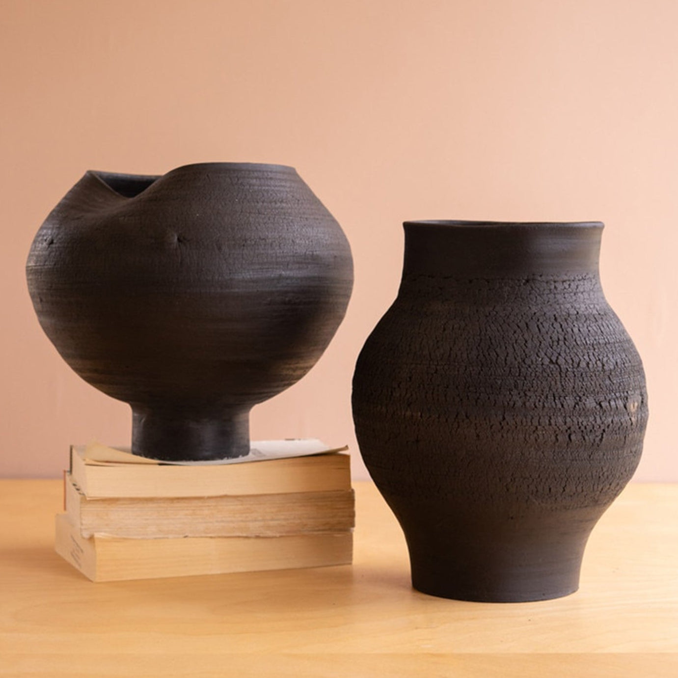 Black Clay Vases with Crackle Set of 2