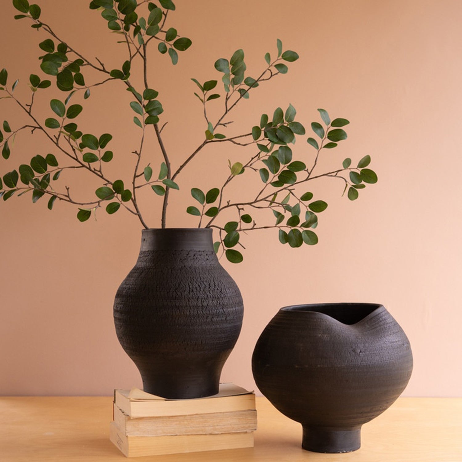 Black Clay Vases with Crackle Set of 2