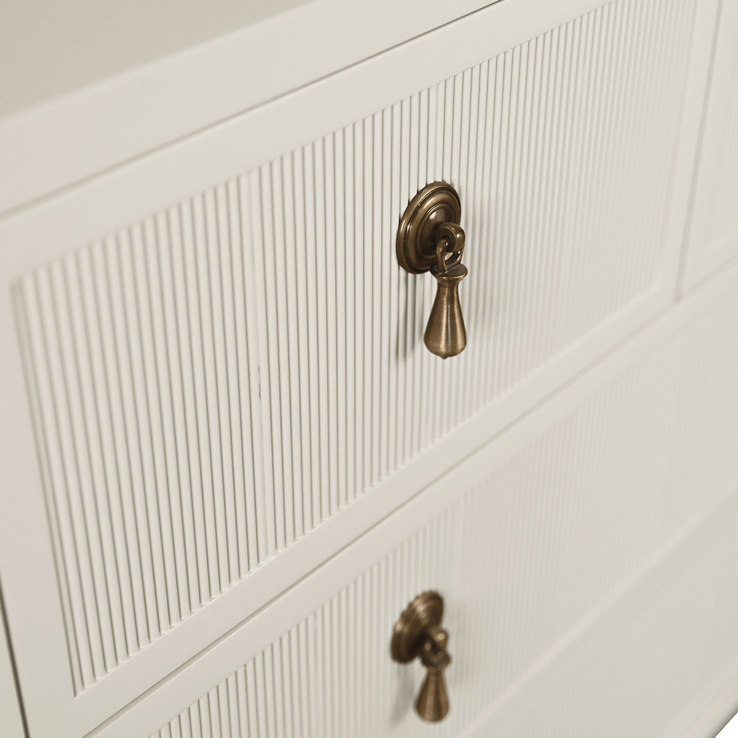 Worlds Away Pascal antique white chest, top-down view of fluted top