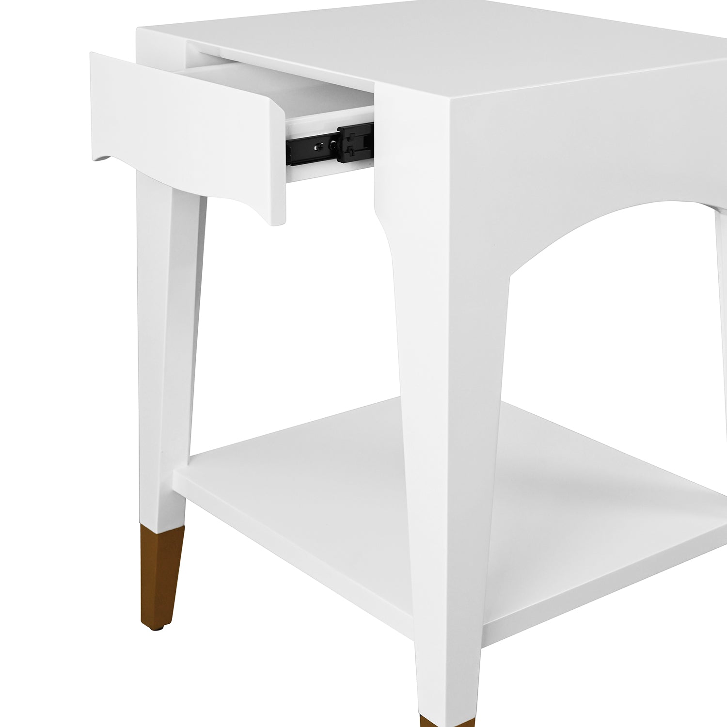 Worlds Away Patti one drawer side table styled beside a bed to show scale