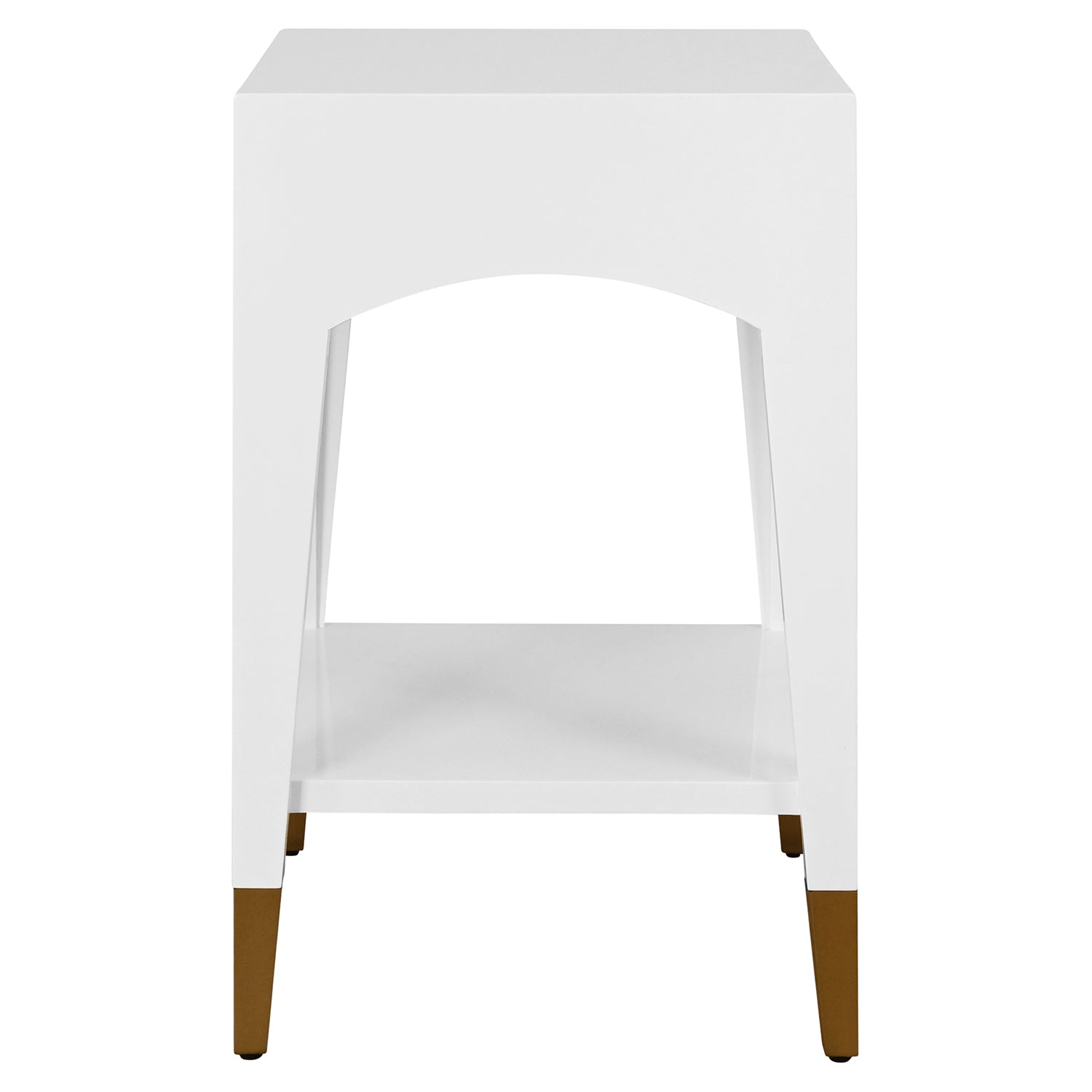 Worlds Away Patti side table, close-up of glossy white lacquer drawer