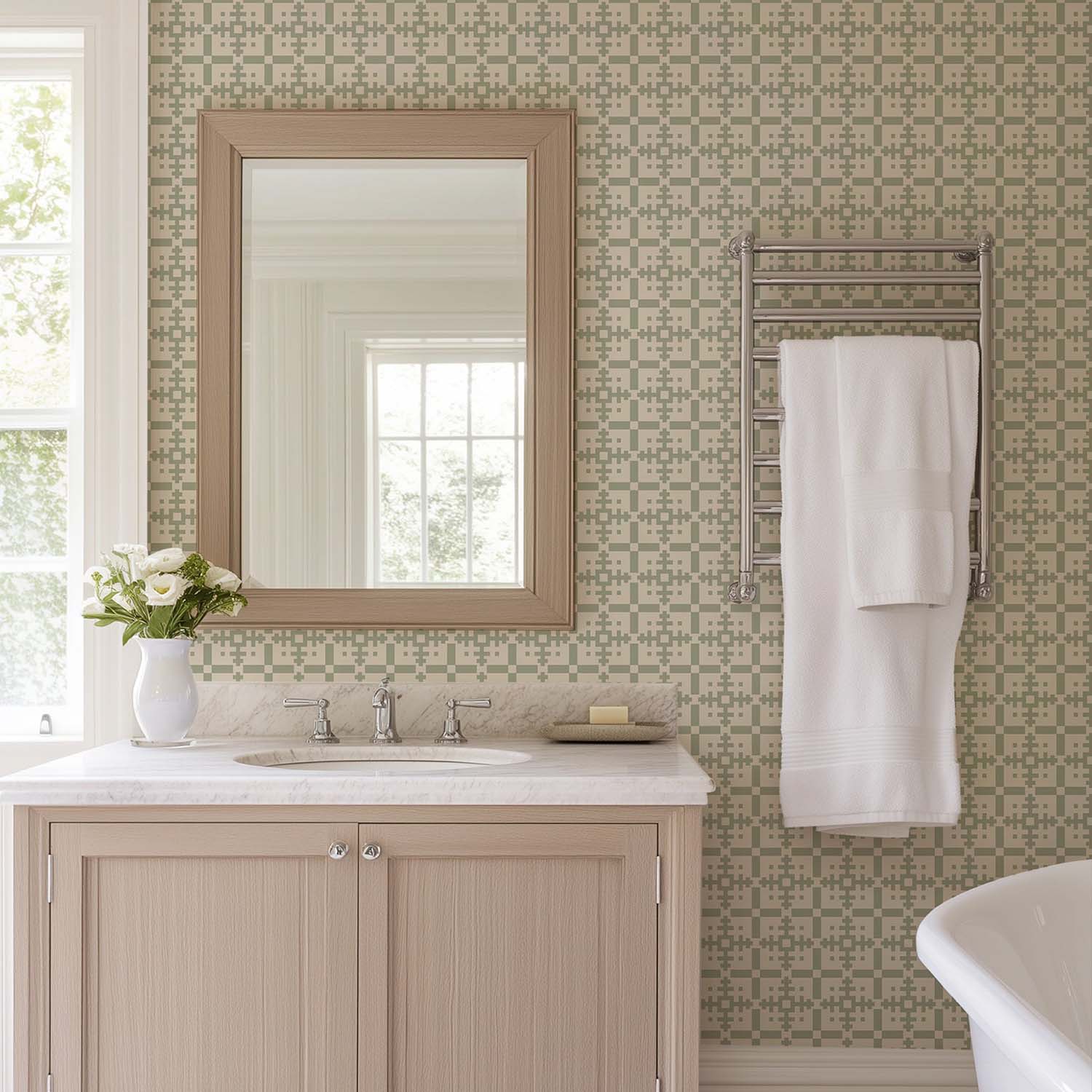 Piazza geometric wallpaper in Pale Mineral Blue, installed vignette