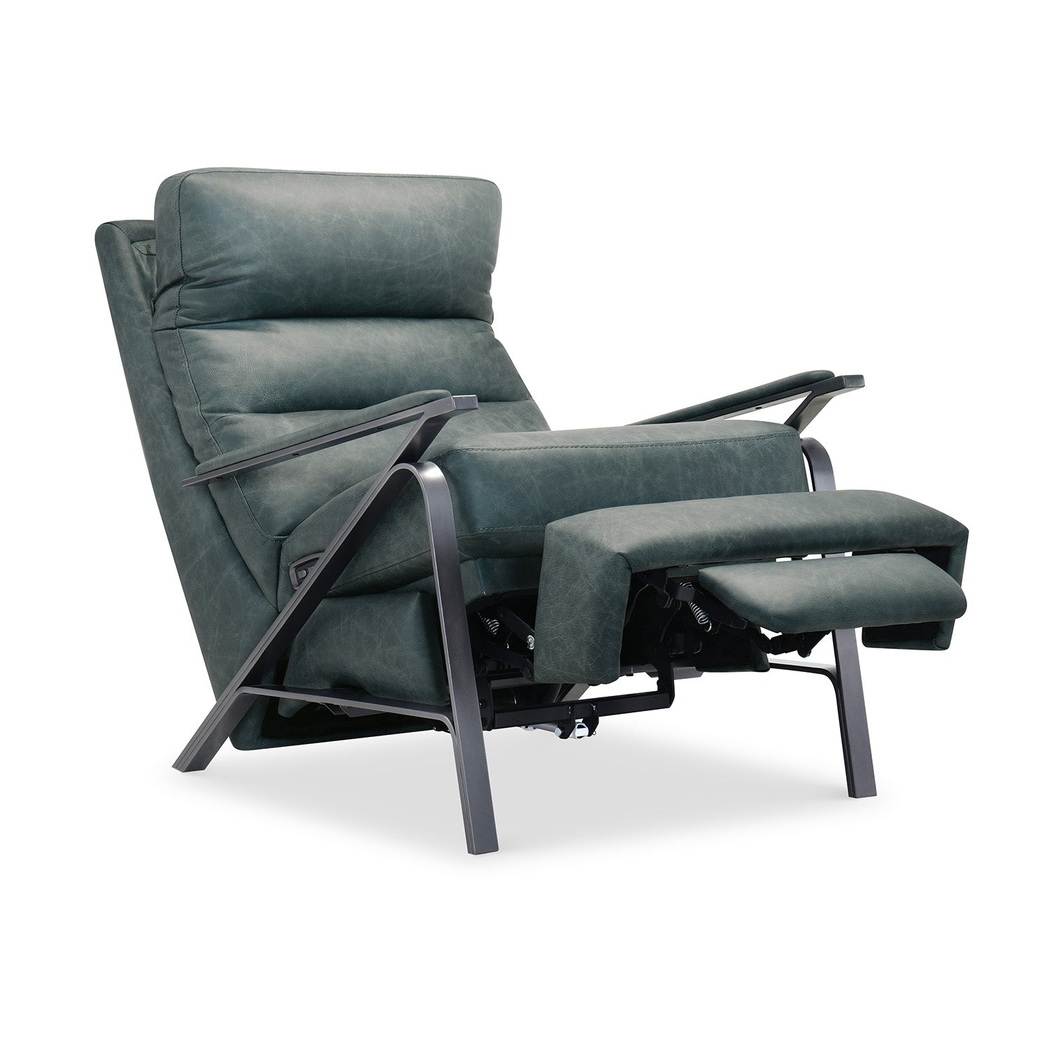 Hooker Furniture Elixir Blue Power Recliner with Power Headrest blue leather recliner, styled in a room setting