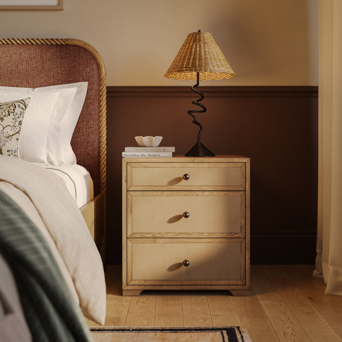 TOV Furniture Laurentis Light Taupe Suede and Wood 3-Drawer Nightstand
