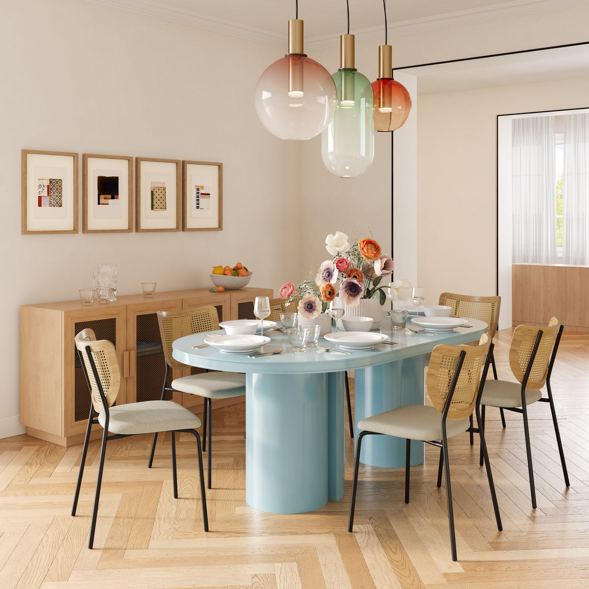 TOV Furniture Elora Blue Lacquer 79in Oval Dining Table