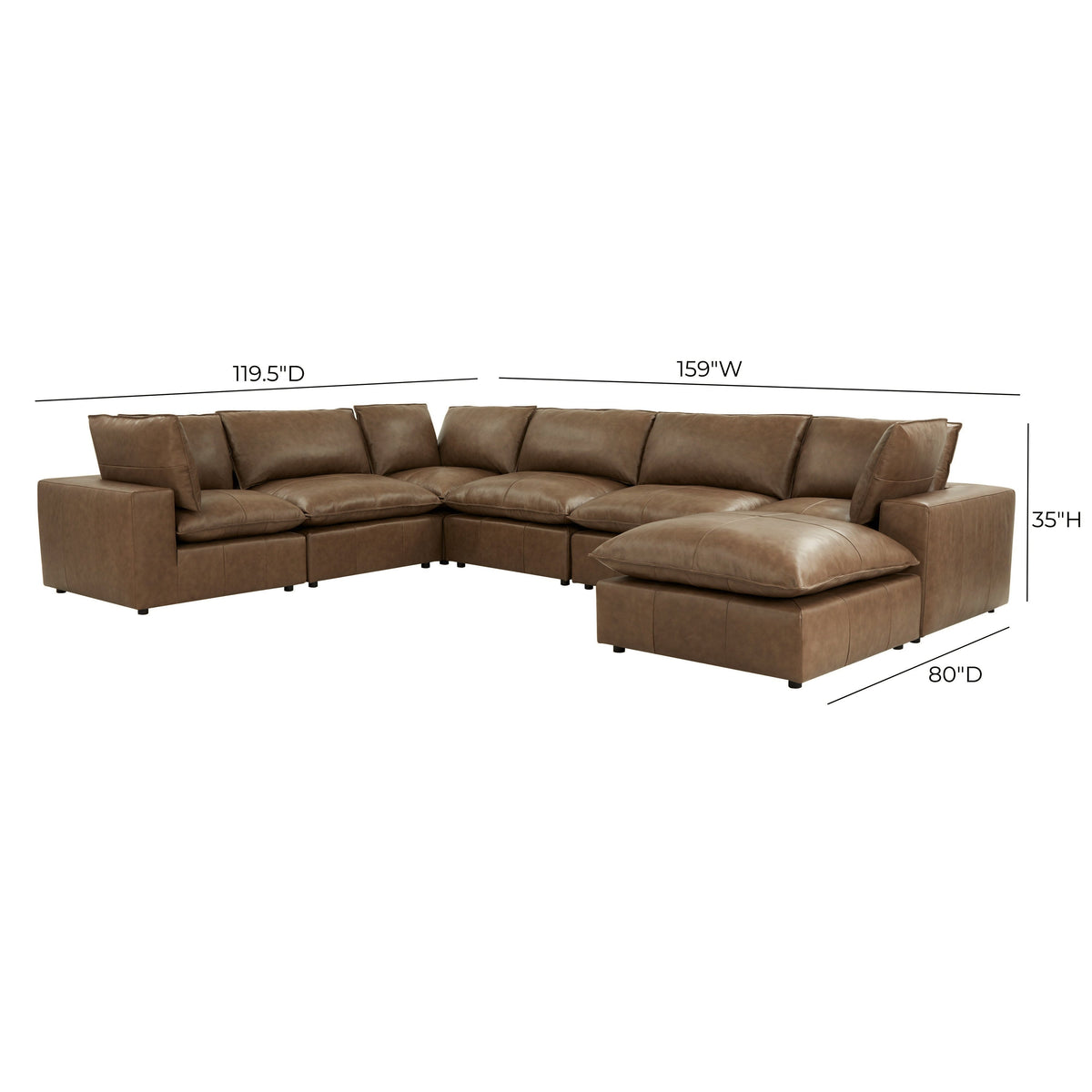 TOV Furniture Cali Brown Leather 7-Piece Modular Large Chaise Sectional Sofa