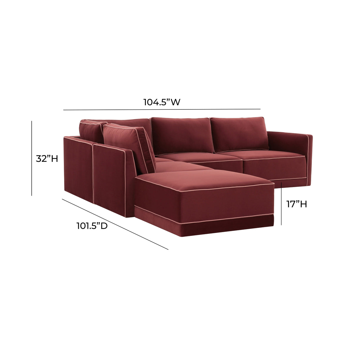 TOV Furniture Willow Red Performance Velvet Modular 5-Piece Left Facing Sectional Sofa