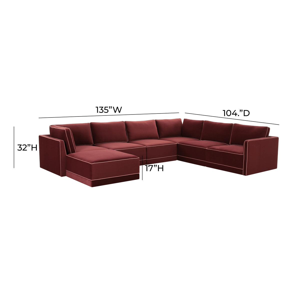 TOV Furniture Willow Red Performance Velvet Modular 7-Piece Large Chaise Sectional Sofa