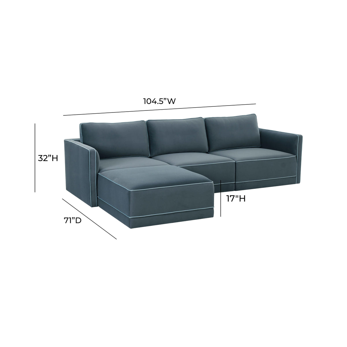 TOV Furniture Willow Blue Performance Velvet Modular 4-Piece Sectional Sofa