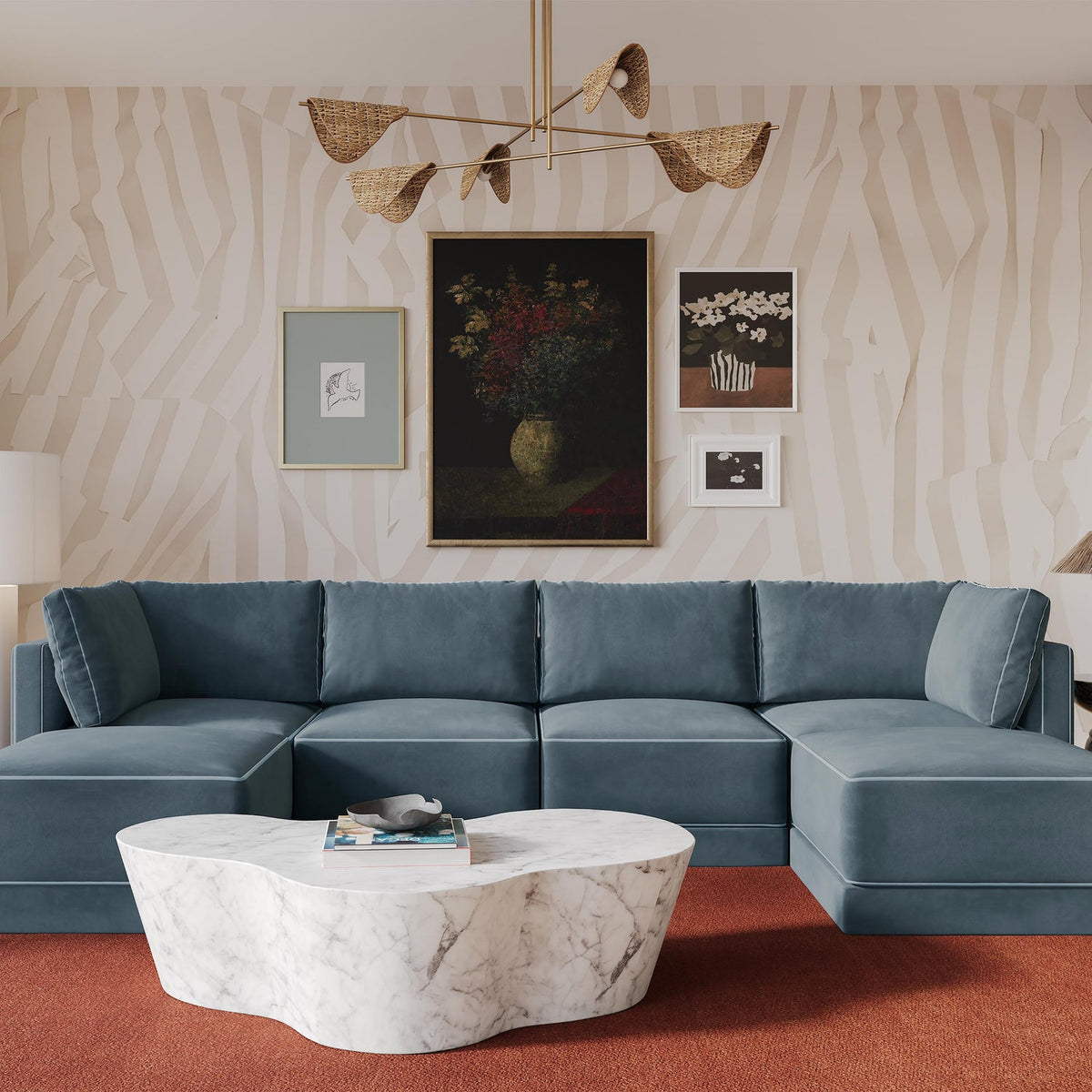 TOV Furniture Willow Blue Performance Velvet Modular 6-Piece U Sectional Sofa