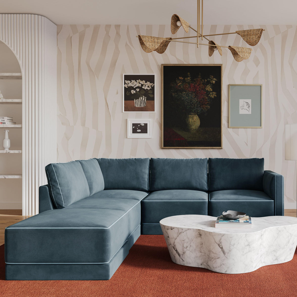 TOV Furniture Willow Blue Performance Velvet Modular 5-Piece Left Facing Sectional Sofa
