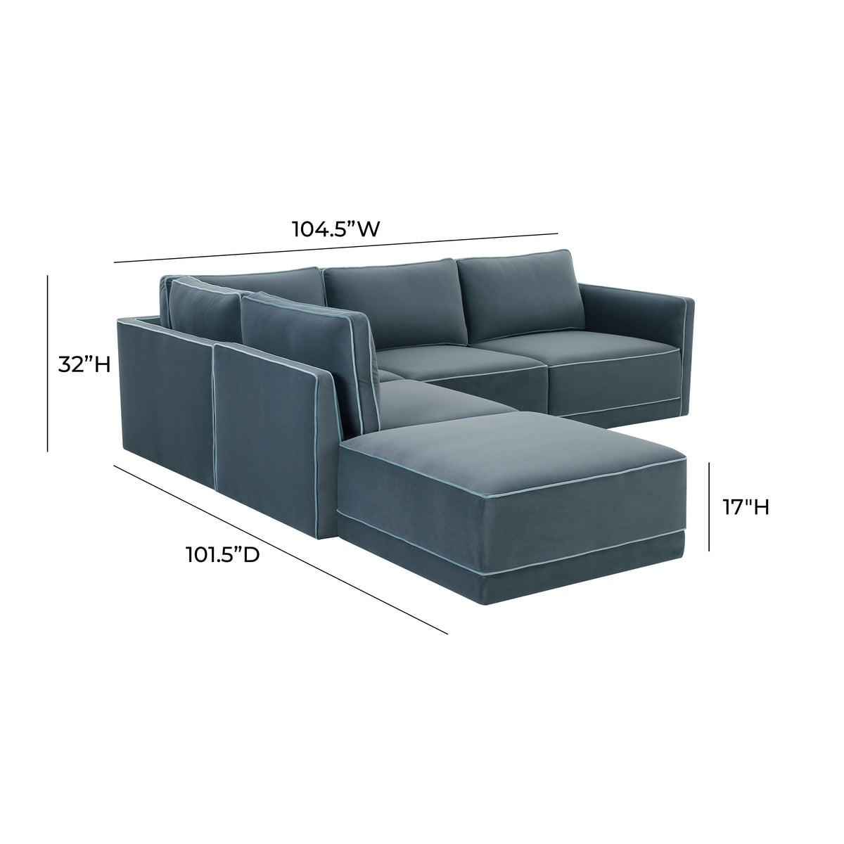 TOV Furniture Willow Blue Performance Velvet Modular 5-Piece Left Facing Sectional Sofa