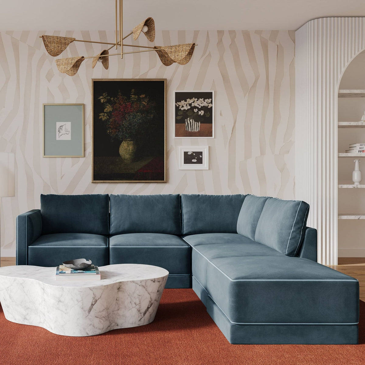 TOV Furniture Willow Blue Performance Velvet Modular Right Facing 5-Piece Sectional Sofa