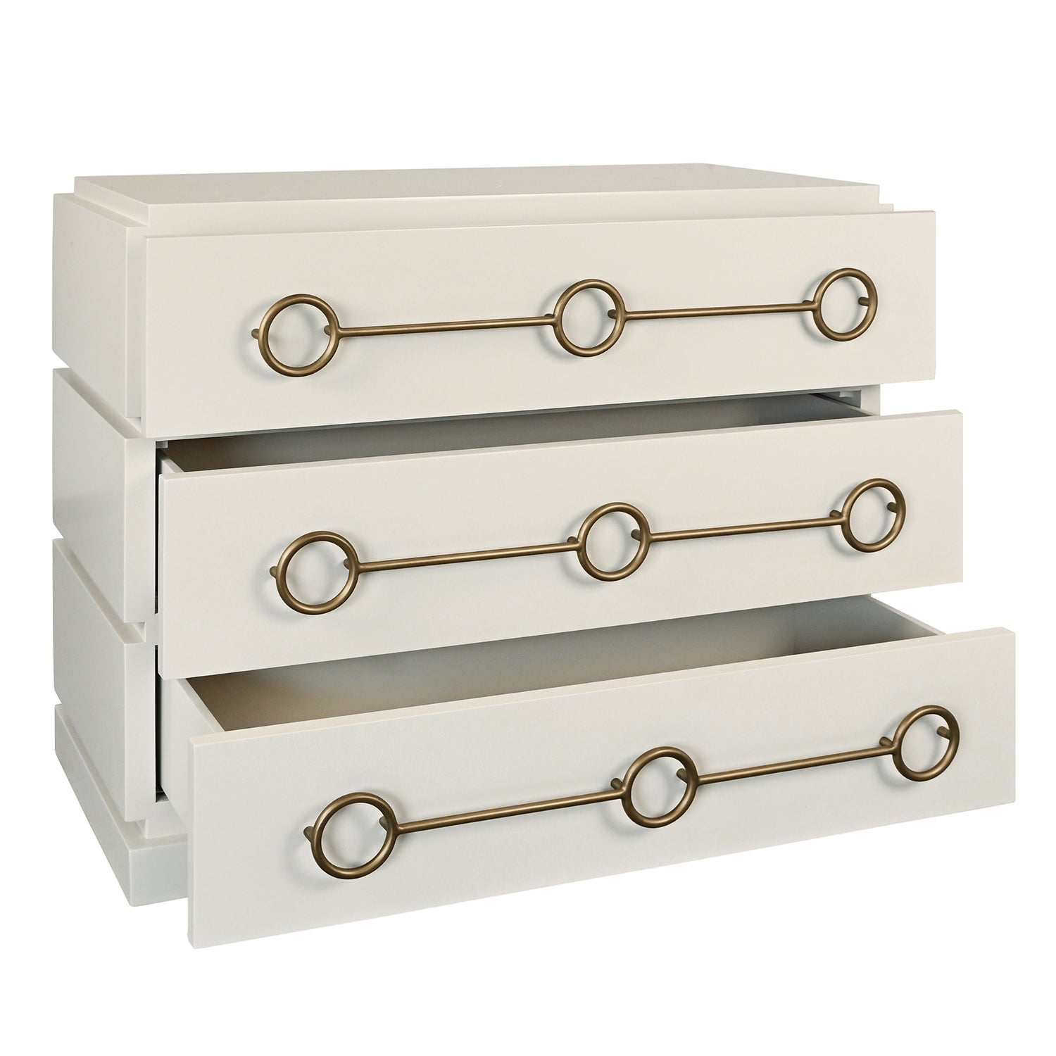 Worlds Away Roderick antique white chest, detail of connected-circle brass hardware